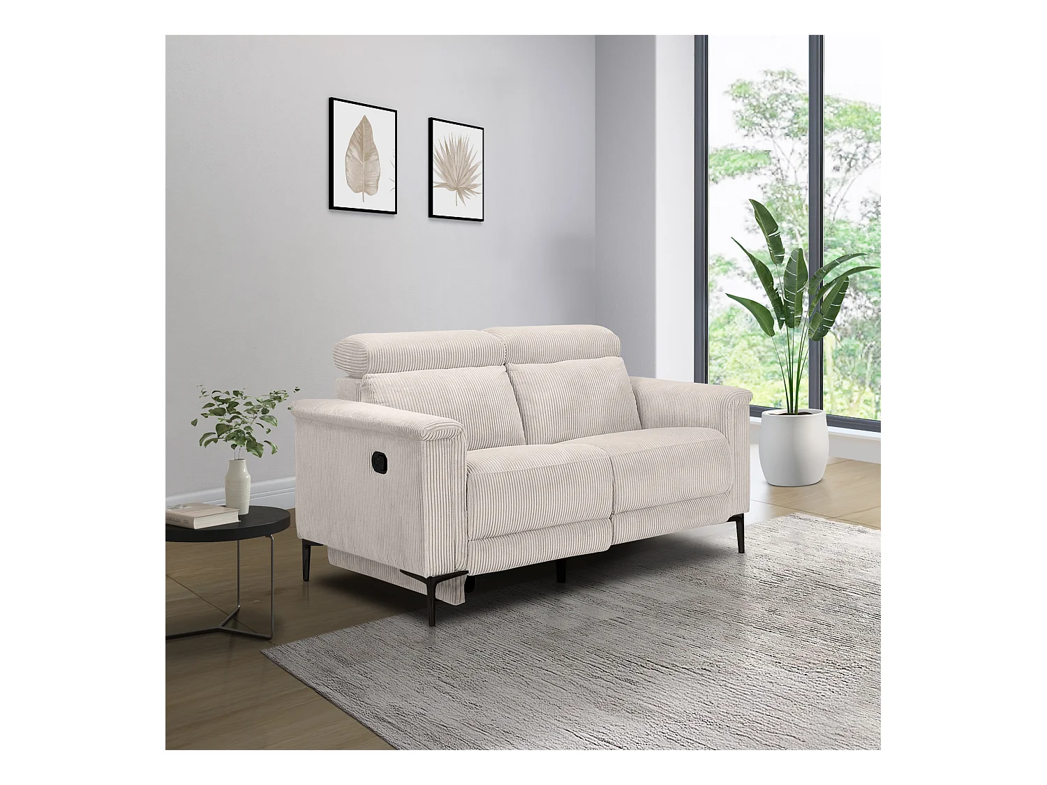 Lund | Sofá 2 plazas con 1 sillón reclinable manual en tela crema