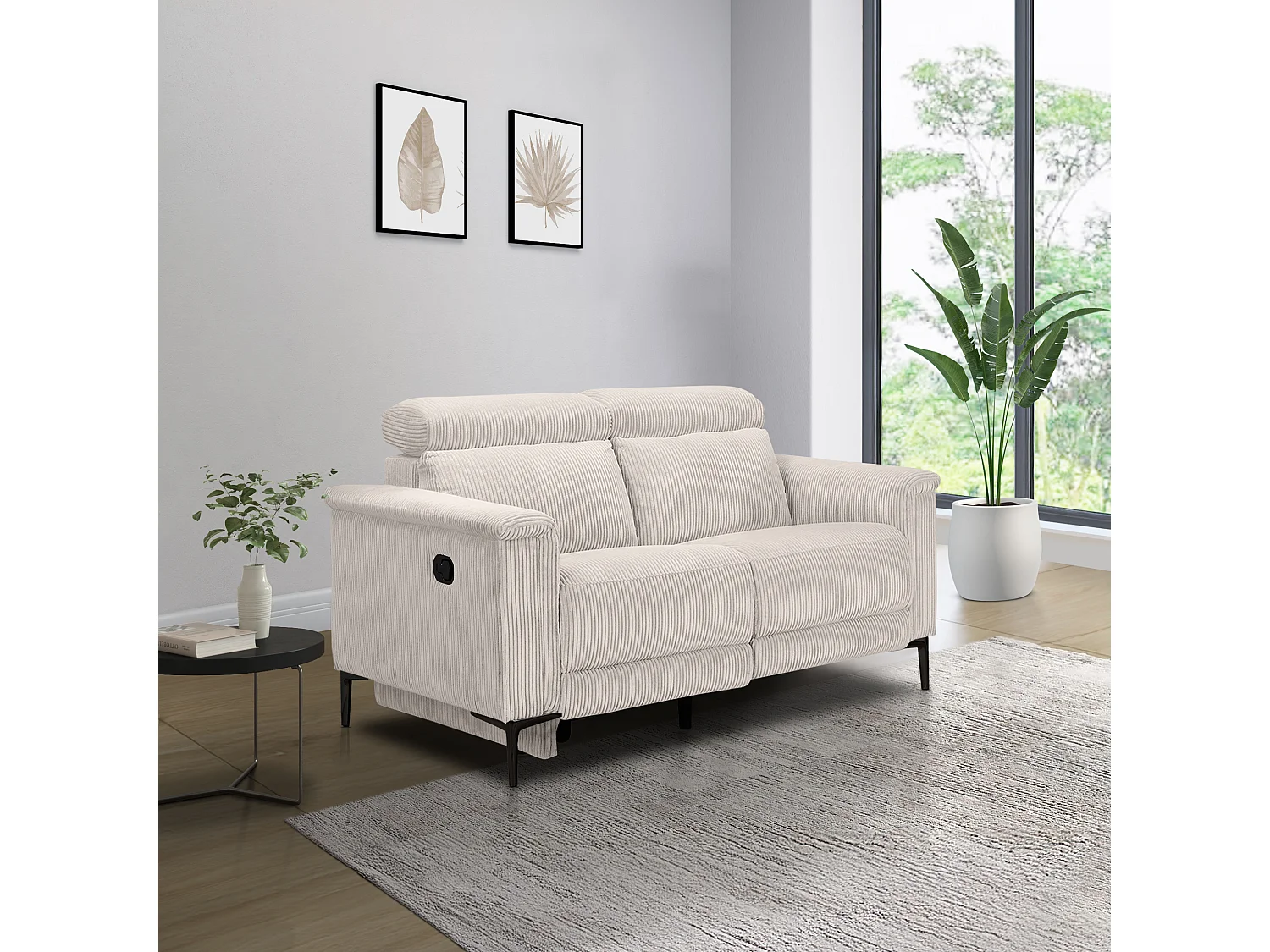 Lund | Canapé 2 places avec 1 fauteuil inclinable manuel en tissu crème