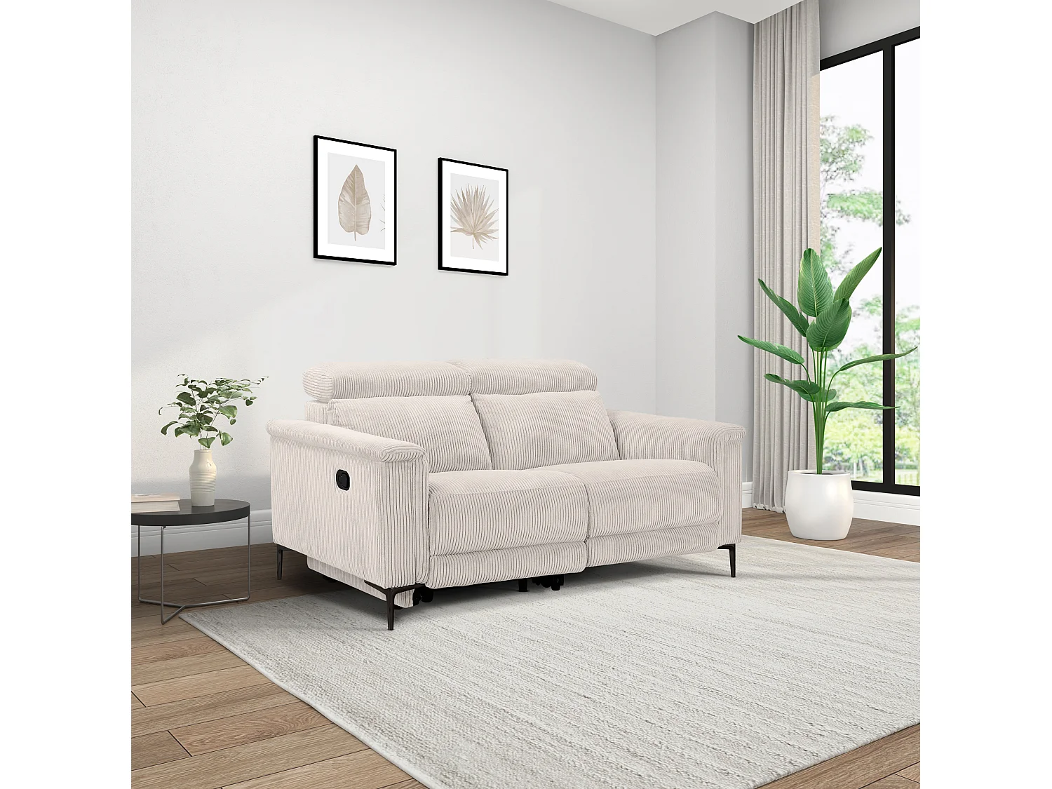 Lund | Canapé 2 places avec 1 fauteuil inclinable manuel en tissu crème