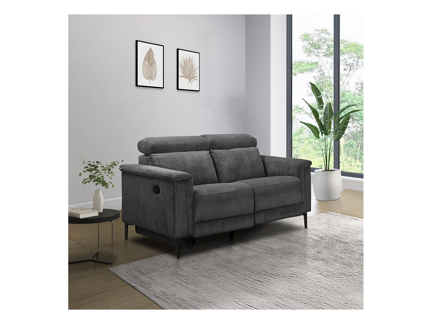 2Seater Sofa met 1 handmatige relaxfauteuil in corduroy antraciet
