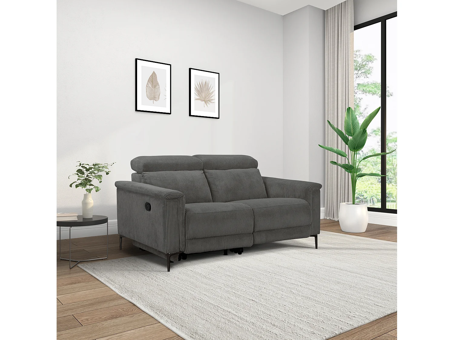 Lund | Canapé 2 places avec 1 fauteuil inclinable manuel en velours côtelé anthracite