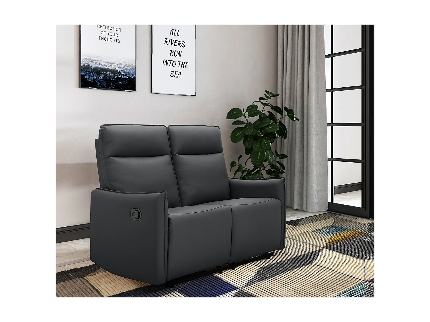 2-zitsbank met handmatige verstelbare rugleuning in zwart PU