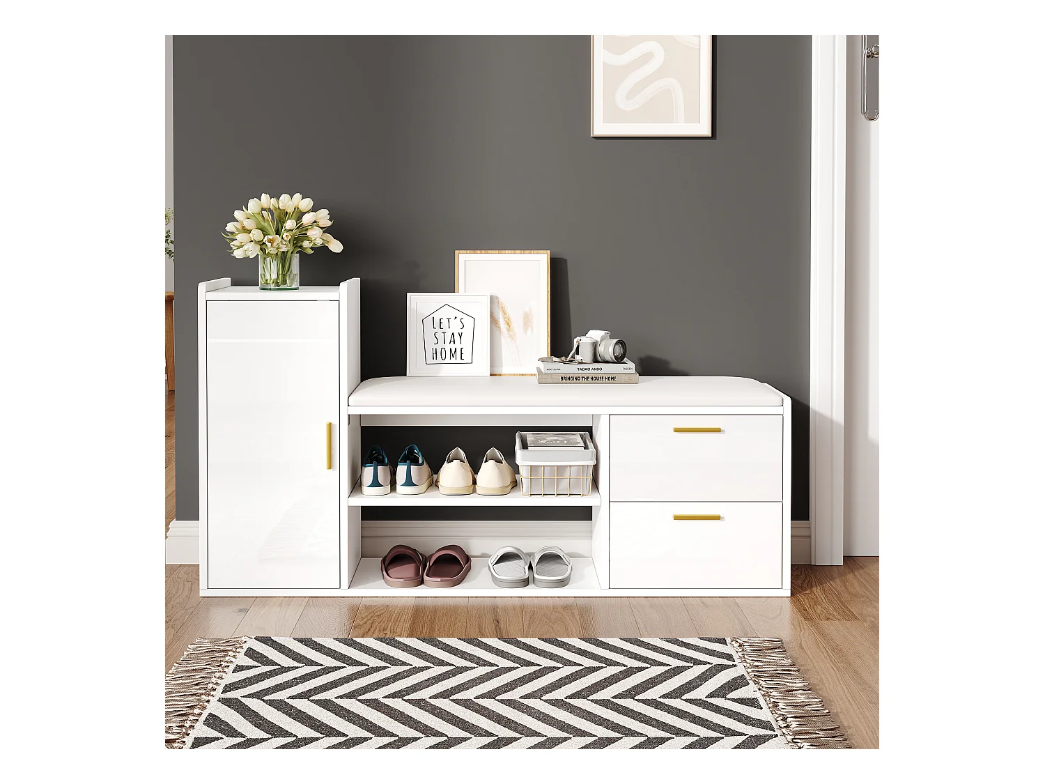 Schuhschrank mit 2 Schubladen + 1 Schrank + gepolsterter Sitz - 128 x 30 x 68 cm - Spanplatte - Weiß