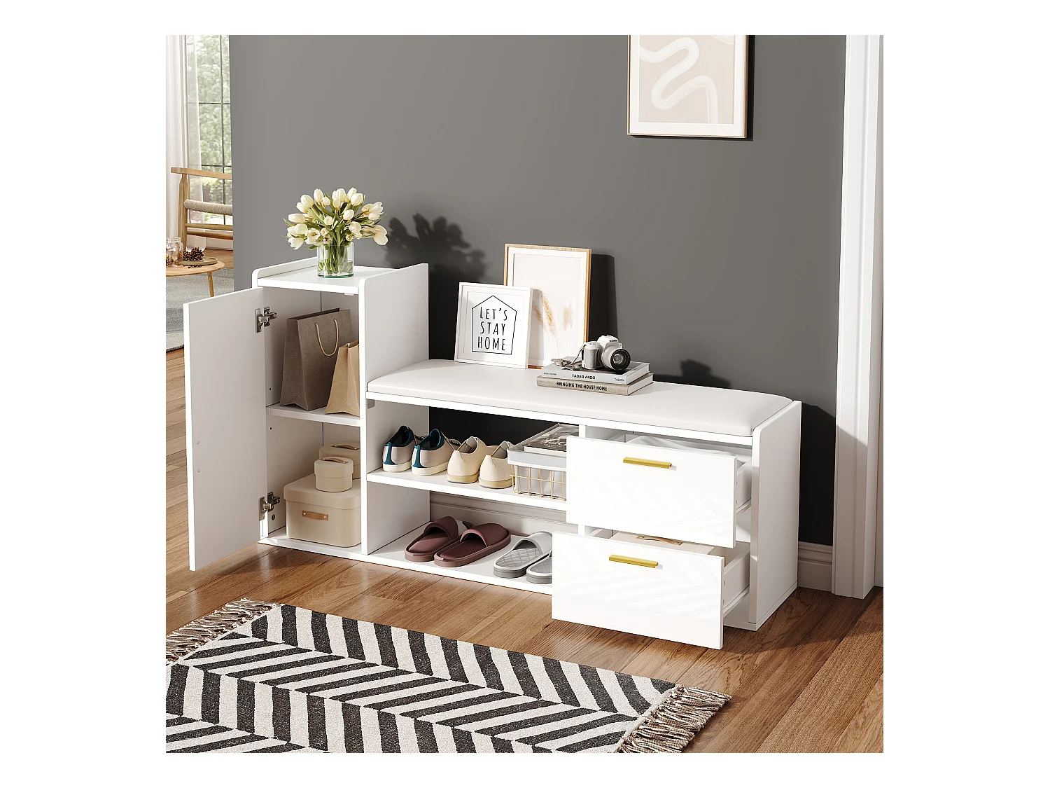 Schuhschrank mit 2 Schubladen + 1 Schrank + gepolsterter Sitz - 128 x 30 x 68 cm - Spanplatte - Weiß