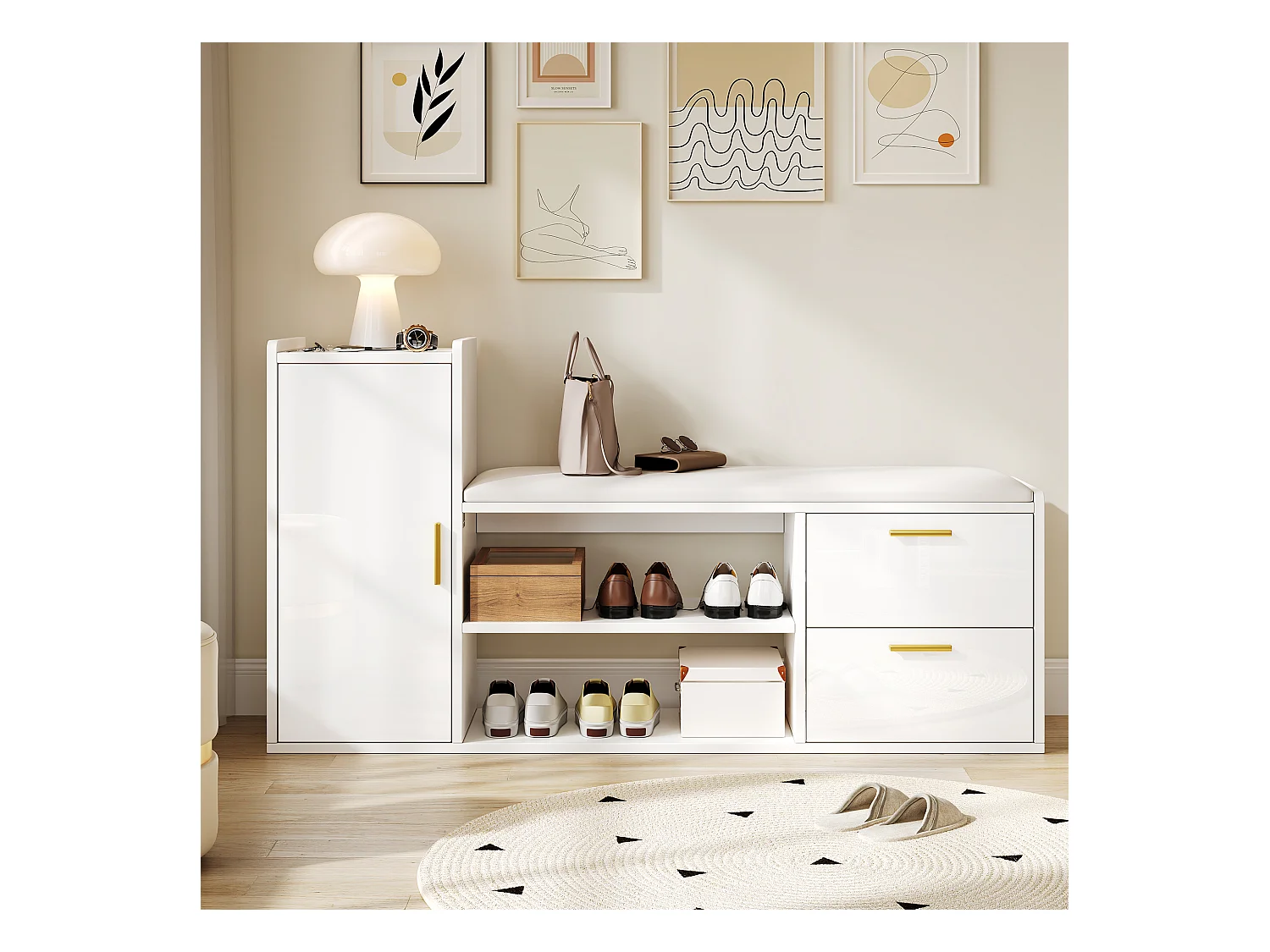 Schuhschrank mit 2 Schubladen + 1 Schrank + gepolsterter Sitz - 128 x 30 x 68 cm - Spanplatte - Weiß