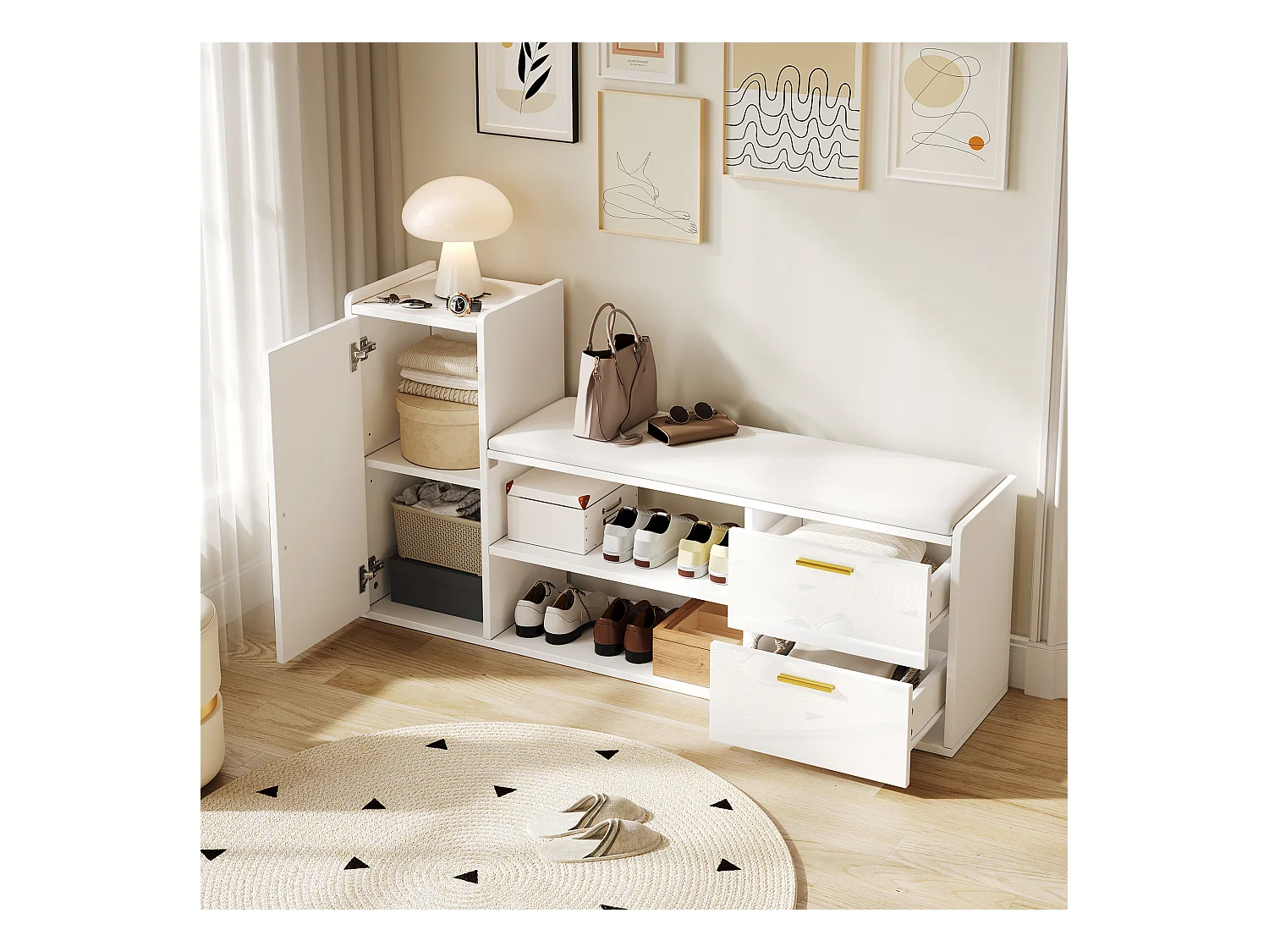 Schuhschrank mit 2 Schubladen + 1 Schrank + gepolsterter Sitz - 128 x 30 x 68 cm - Spanplatte - Weiß