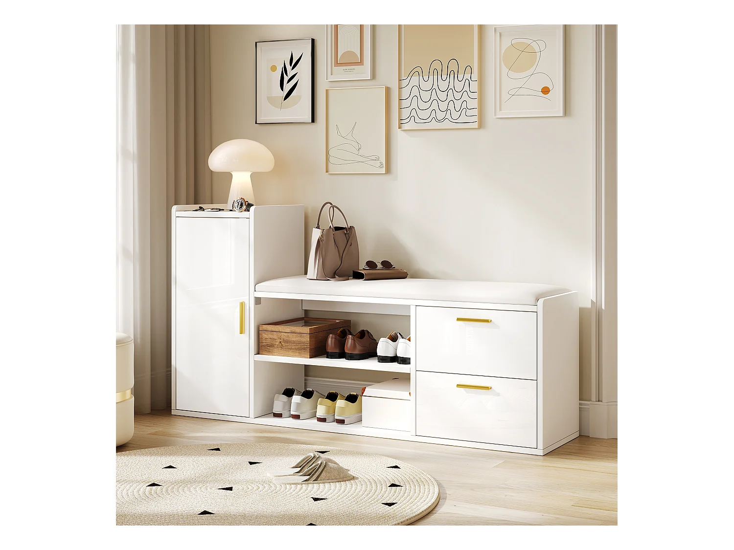Schuhschrank mit 2 Schubladen + 1 Schrank + gepolsterter Sitz - 128 x 30 x 68 cm - Spanplatte - Weiß