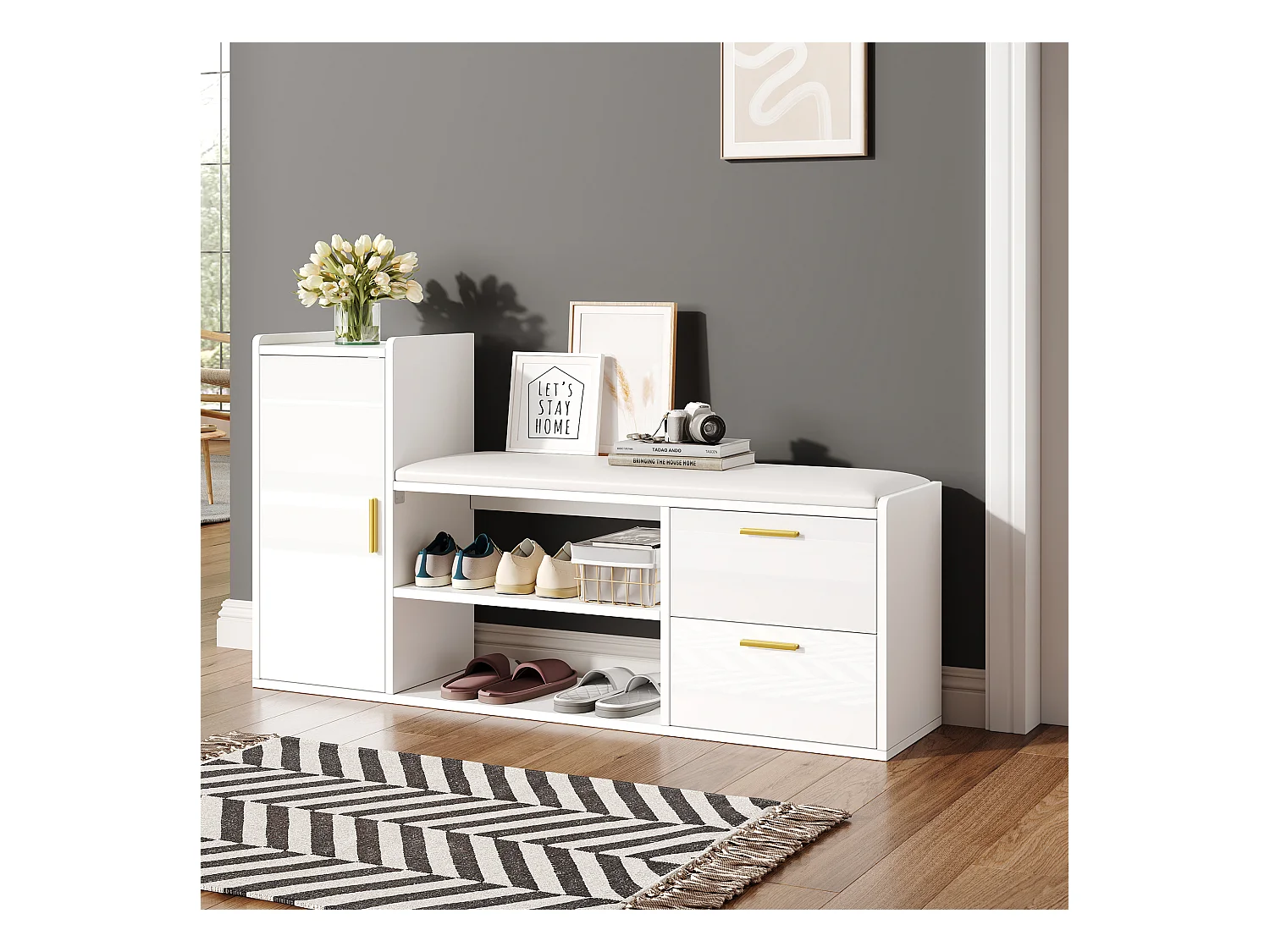 Schuhschrank mit 2 Schubladen + 1 Schrank + gepolsterter Sitz - 128 x 30 x 68 cm - Spanplatte - Weiß