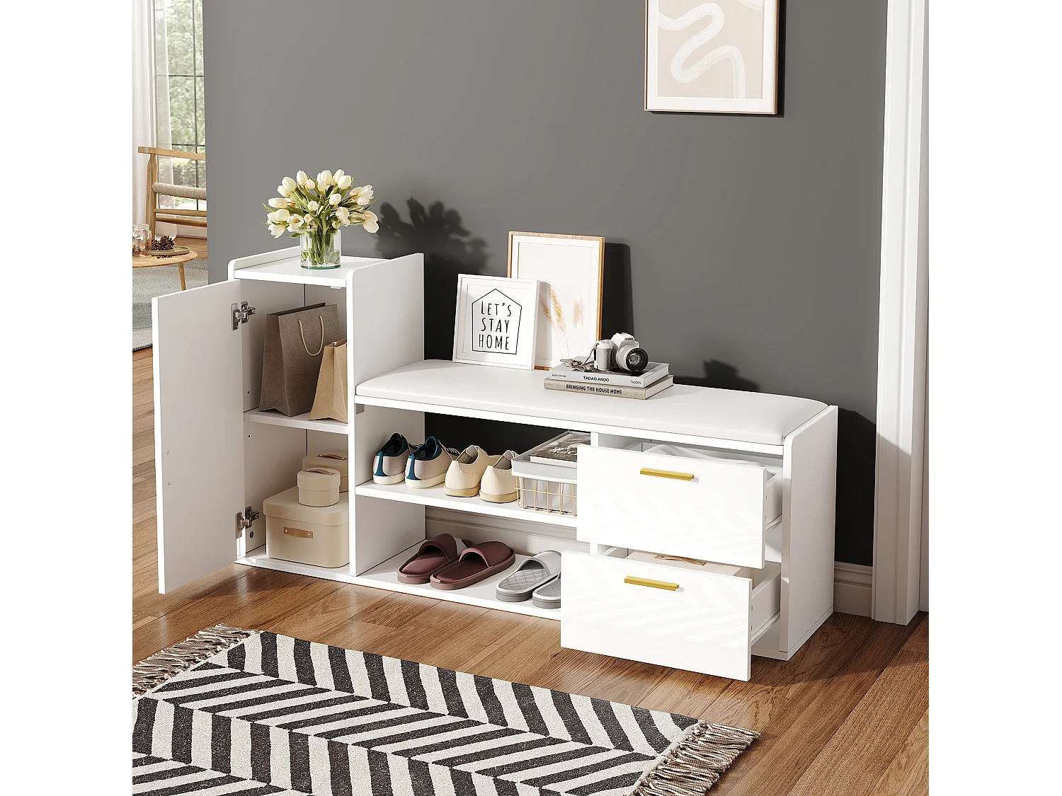 Meuble à chaussures avec 2 tiroirs + 1 armoire + assise rembourrée - 128 x 30 x 68 cm - aggloméré - blanc