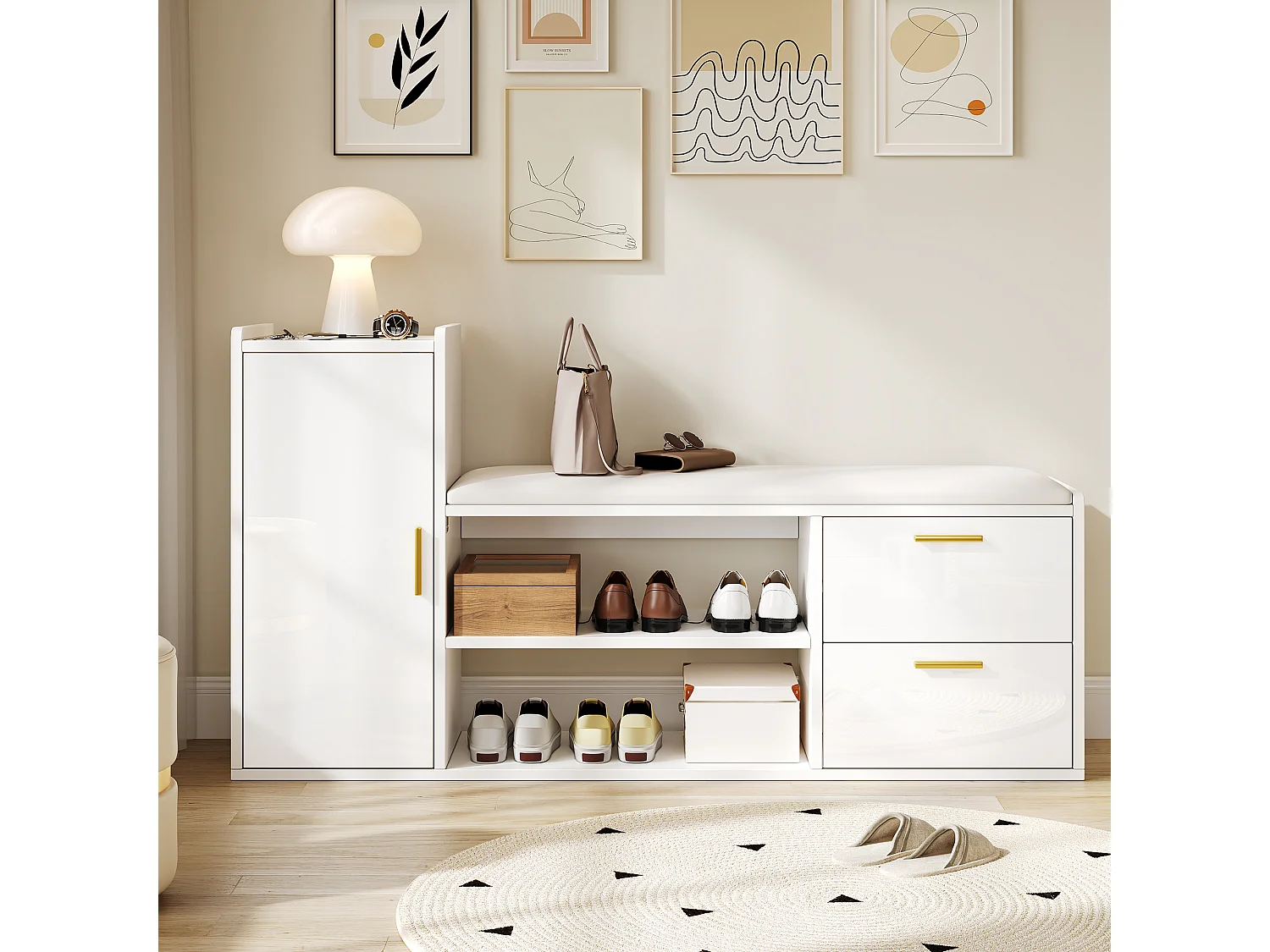 Meuble à chaussures avec 2 tiroirs + 1 armoire + assise rembourrée - 128 x 30 x 68 cm - aggloméré - blanc