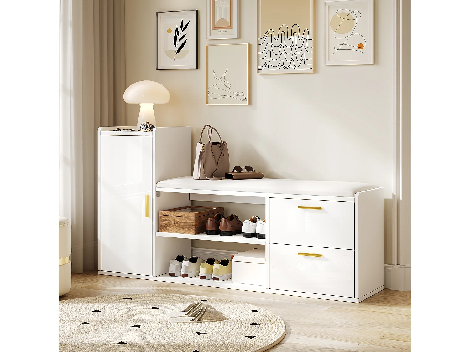 Meuble à chaussures avec 2 tiroirs + 1 armoire + assise rembourrée - 128 x 30 x 68 cm - aggloméré - blanc