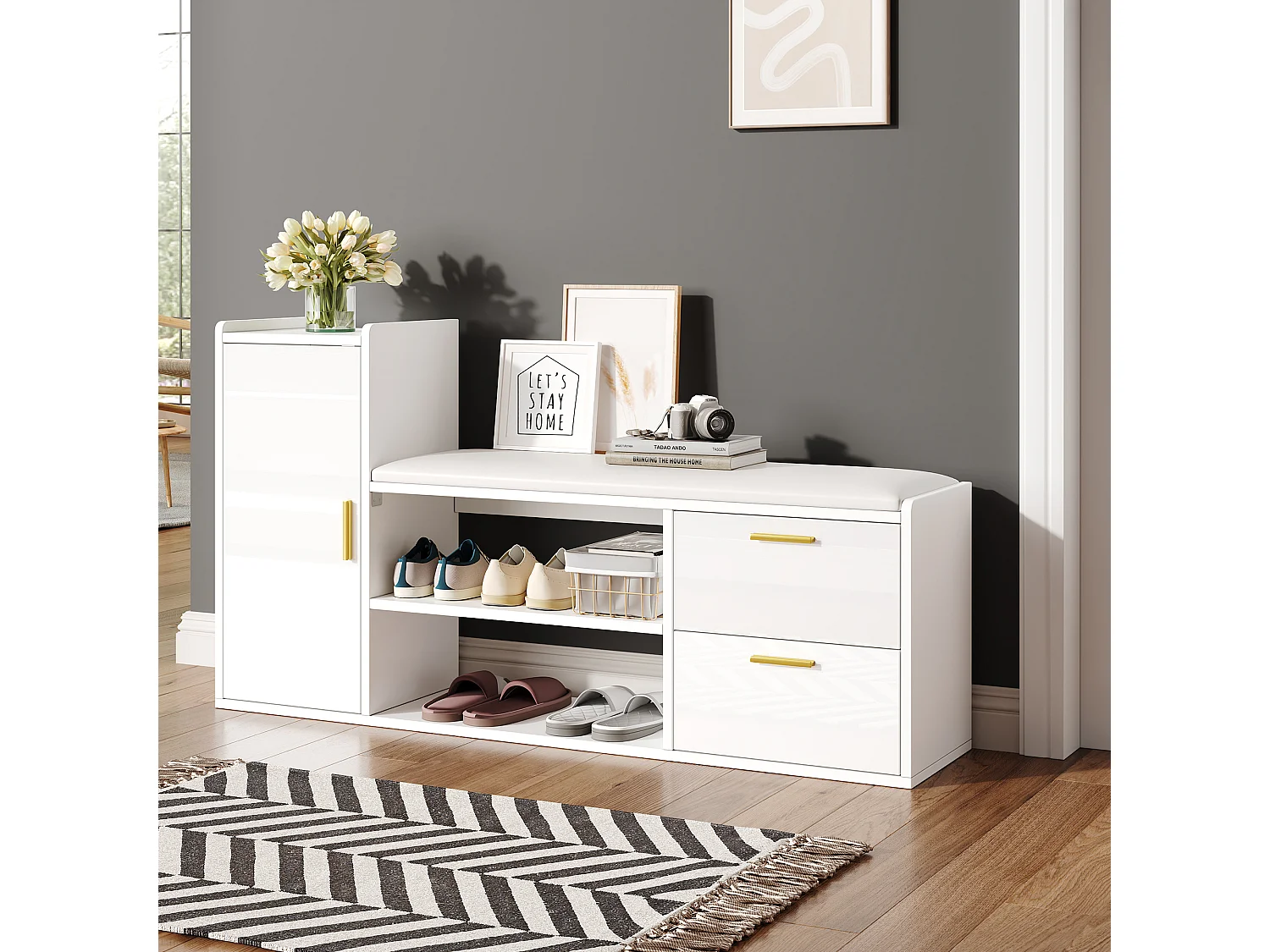 Meuble à chaussures avec 2 tiroirs + 1 armoire + assise rembourrée - 128 x 30 x 68 cm - aggloméré - blanc