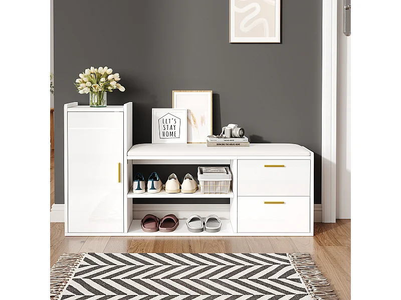 Meuble à chaussures avec 2 tiroirs + 1 armoire + assise rembourrée - 128 x 30 x 68 cm - aggloméré - blanc