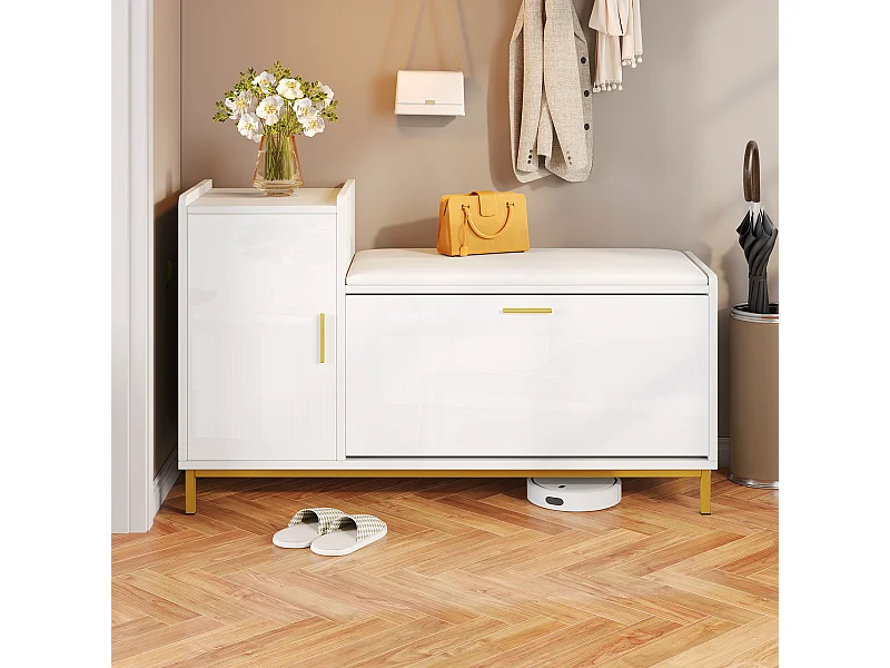 Schuhschrank - 100 x 38 x 68 cm - mit 2 Fächern + 1 Tür + gepolsterter Sitzfläche - Weiß und Gold - Metall + Spanplatte