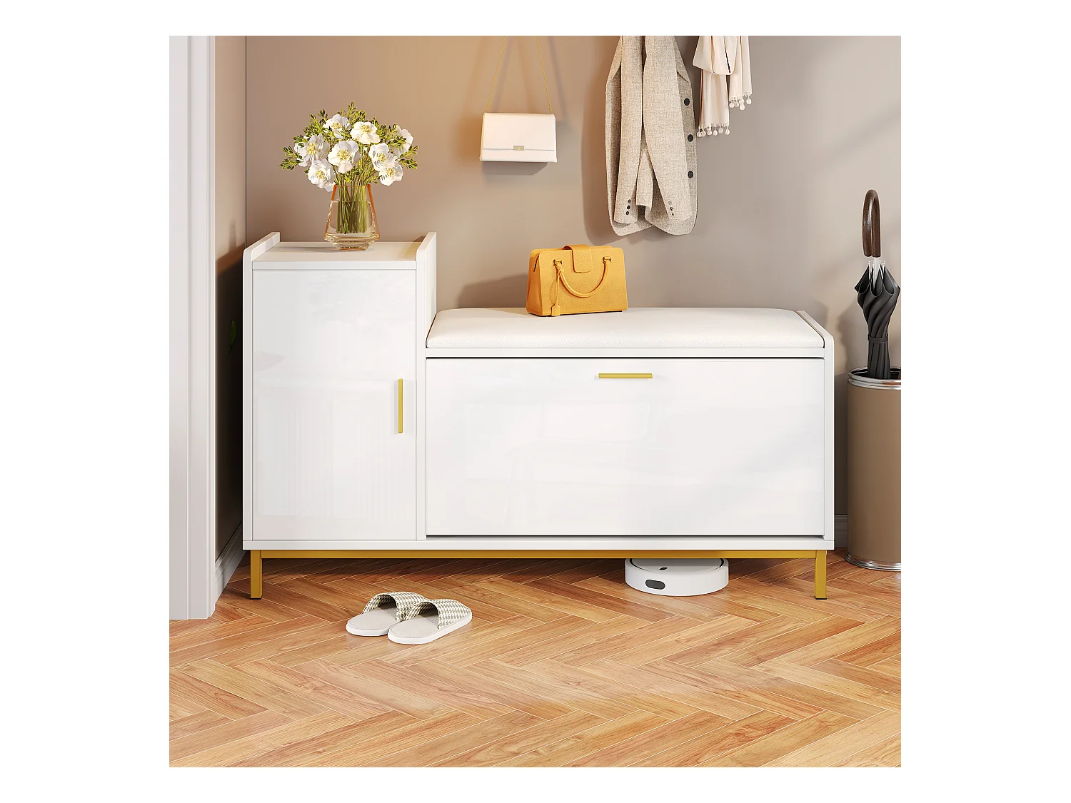 Meuble à chaussures - 100 x 38 x 68 cm - avec 2 compartiments + 1 porte + assise rembourrés - blanc et doré - métal + aggloméré