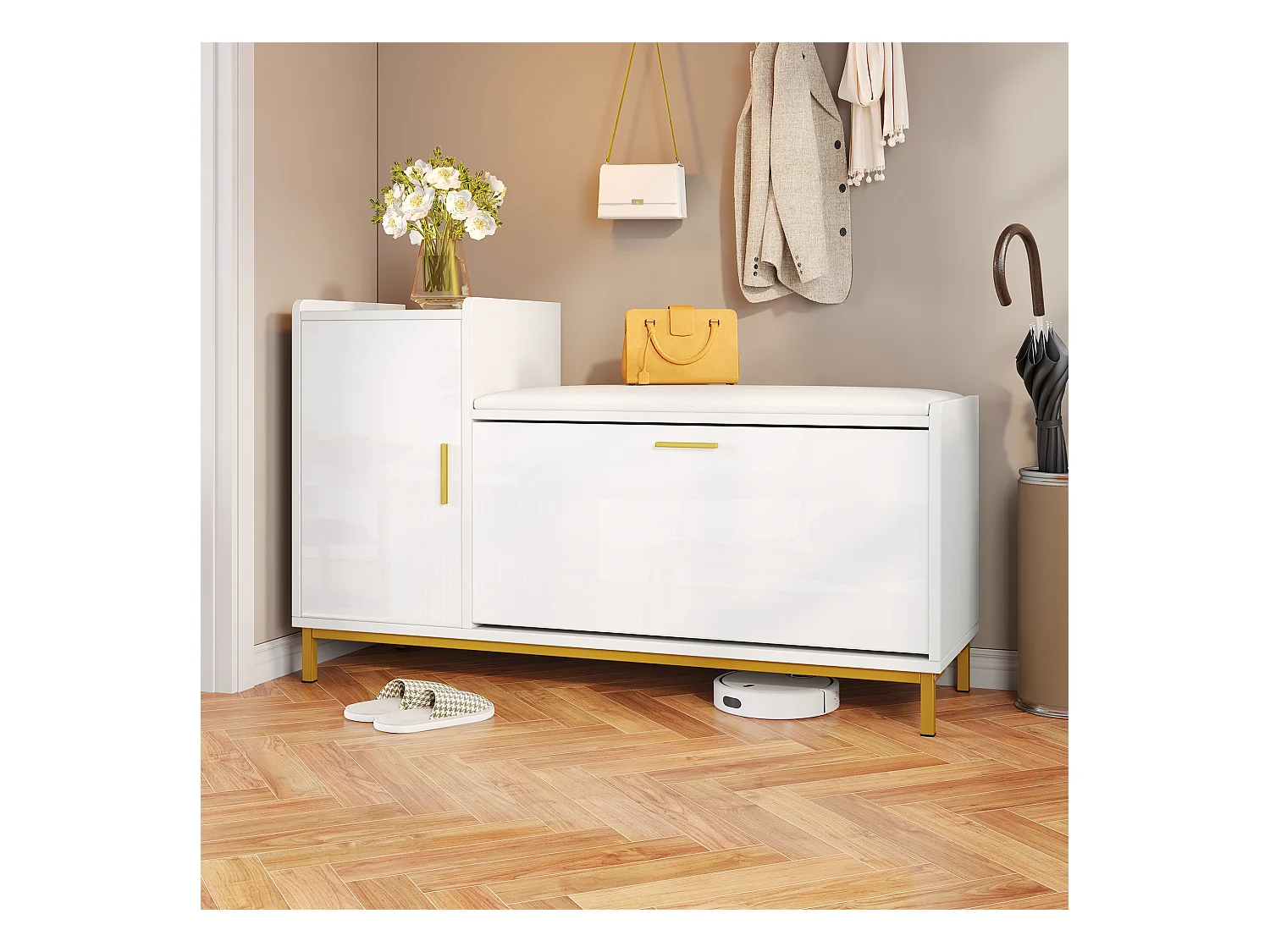 Meuble à chaussures - 100 x 38 x 68 cm - avec 2 compartiments + 1 porte + assise rembourrés - blanc et doré - métal + aggloméré