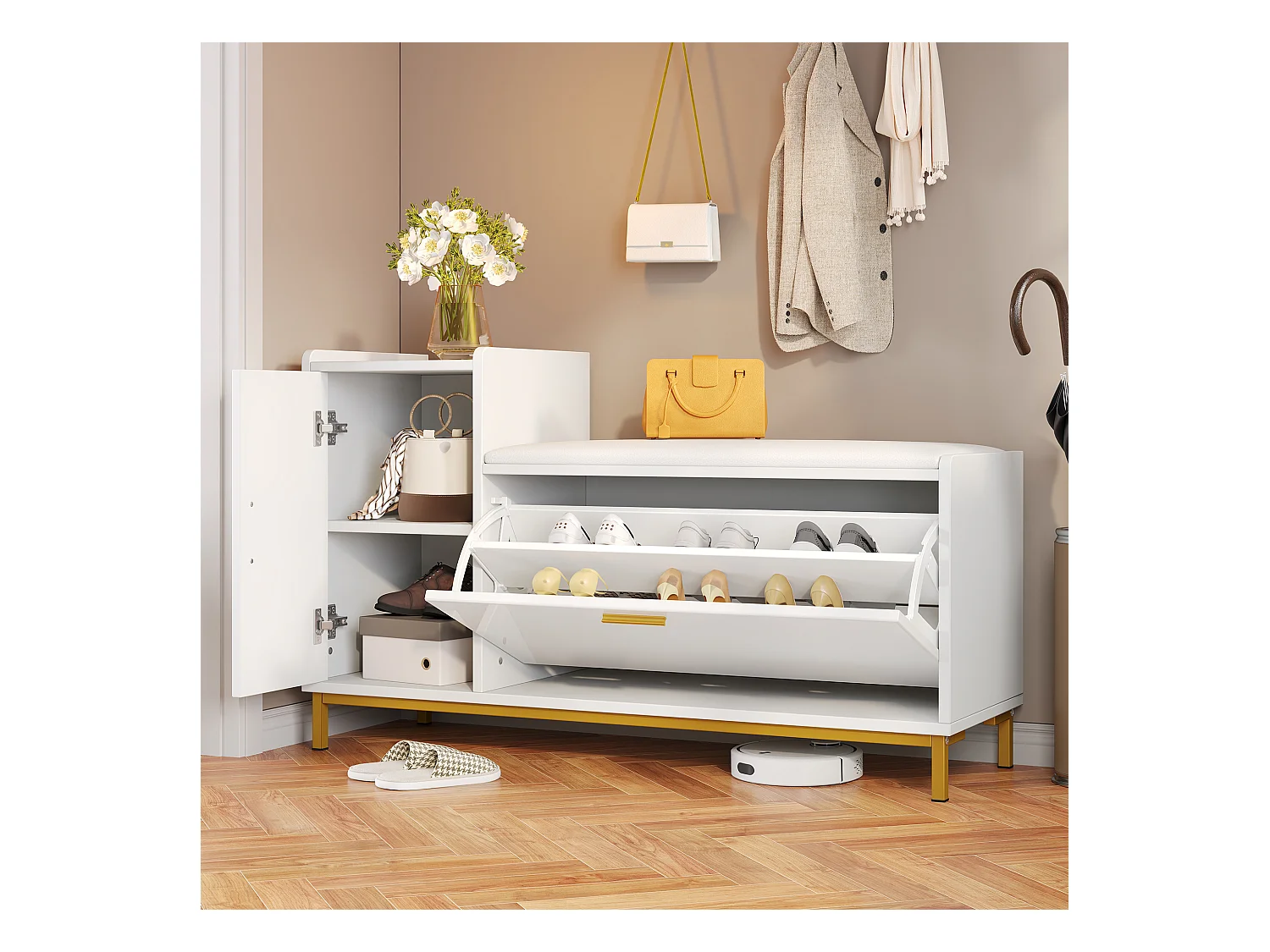 Meuble à chaussures - 100 x 38 x 68 cm - avec 2 compartiments + 1 porte + assise rembourrés - blanc et doré - métal + aggloméré