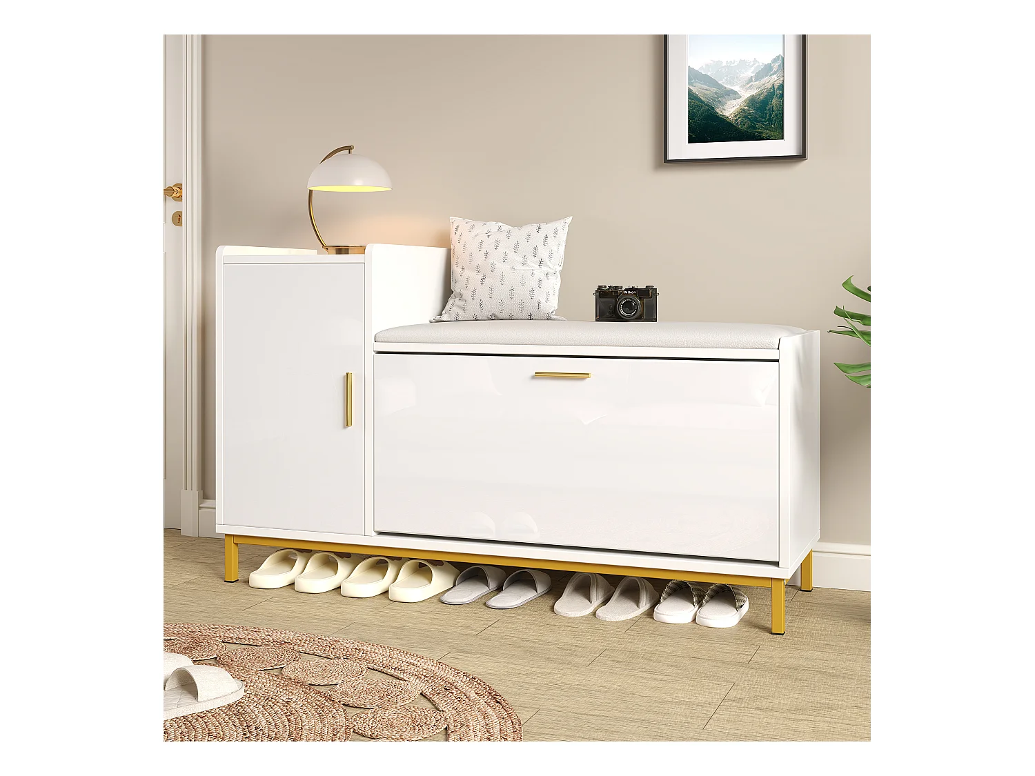 Meuble à chaussures - 100 x 38 x 68 cm - avec 2 compartiments + 1 porte + assise rembourrés - blanc et doré - métal + aggloméré