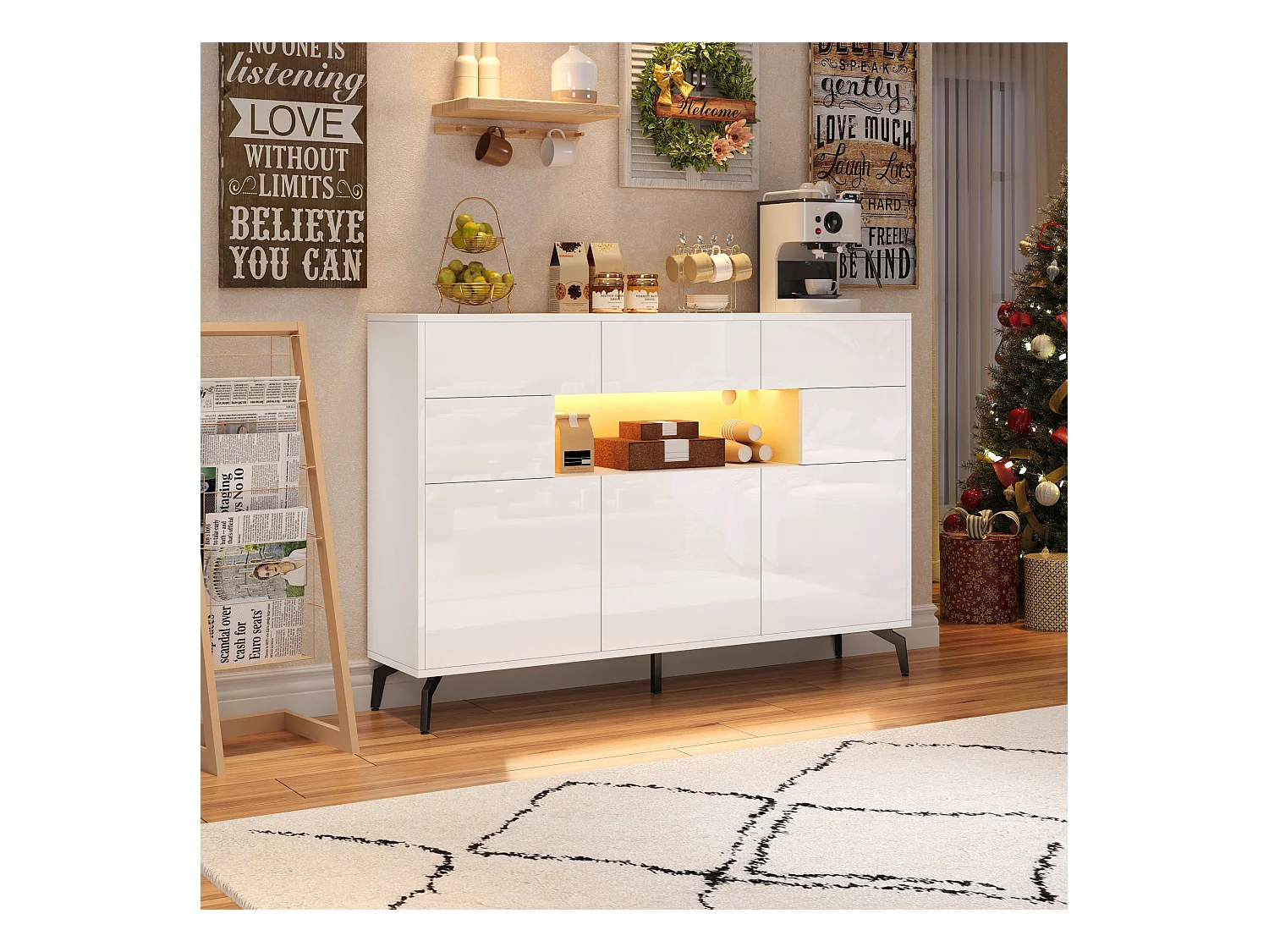 Glanzende woonkamerkast - 140 x 30 x 94 cm - met 3 laden + 5 deuren + LED's - MDF - wit