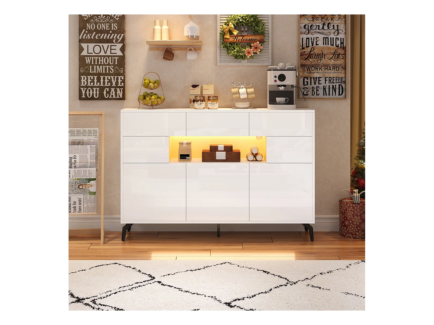 Glanzende woonkamerkast - 140 x 30 x 94 cm - met 3 laden + 5 deuren + LED's - MDF - wit