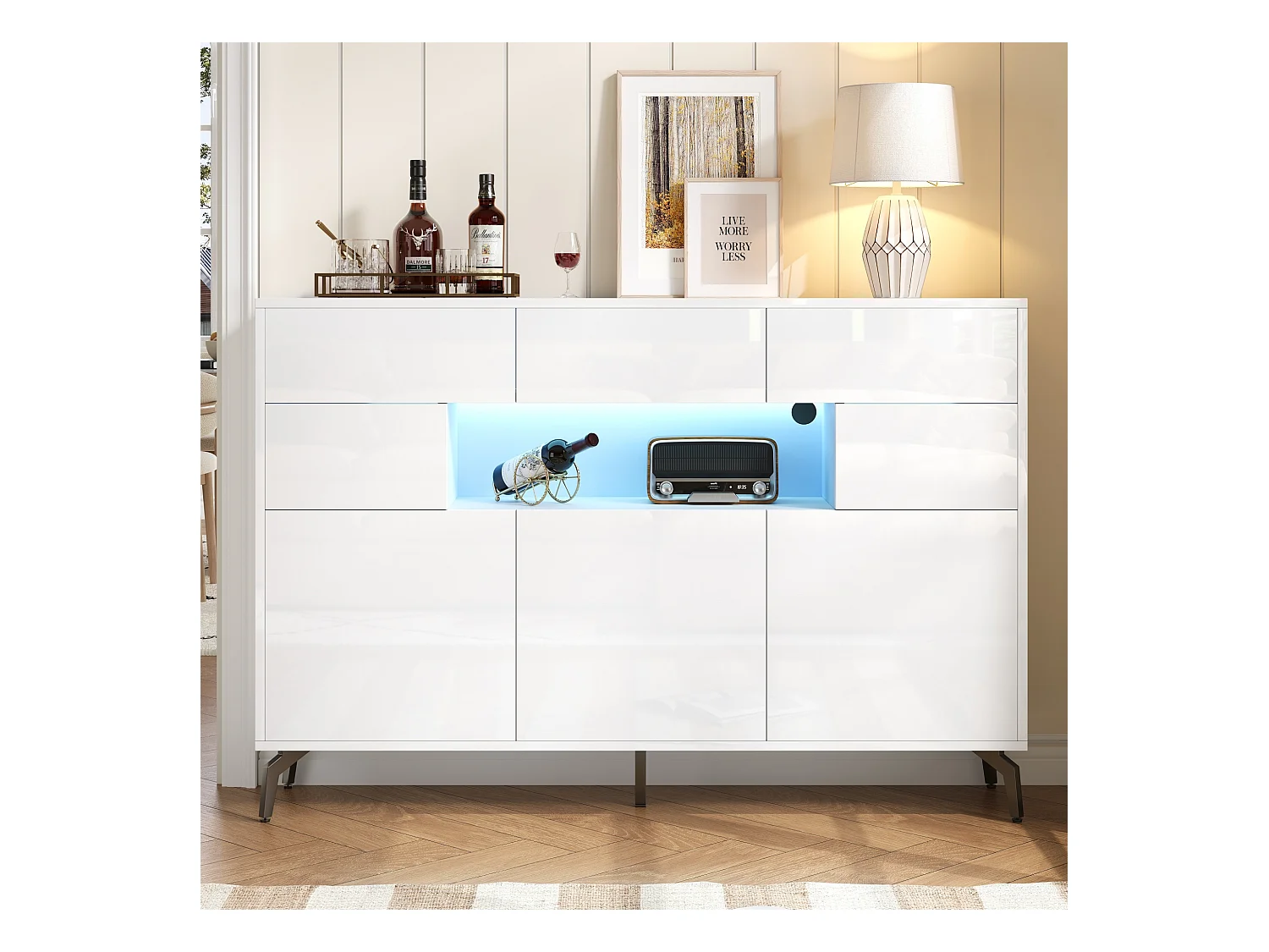 Glanzende woonkamerkast - 140 x 30 x 94 cm - met 3 laden + 5 deuren + LED's - MDF - wit