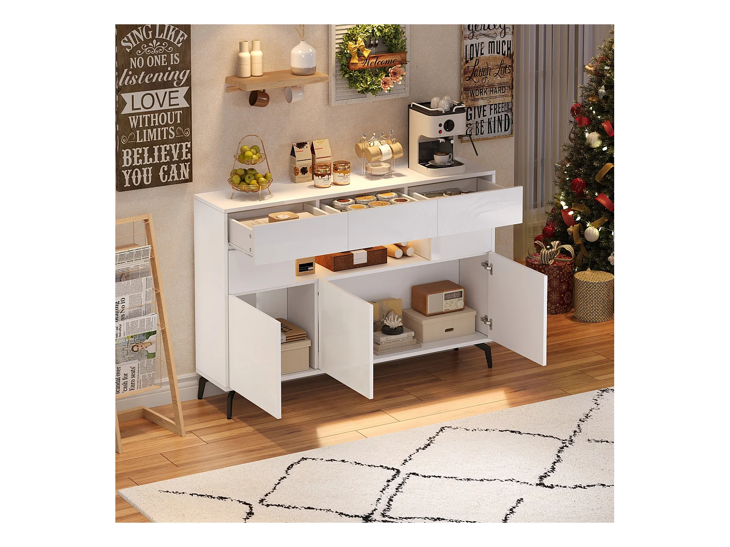 Glanzende woonkamerkast - 140 x 30 x 94 cm - met 3 laden + 5 deuren + LED's - MDF - wit