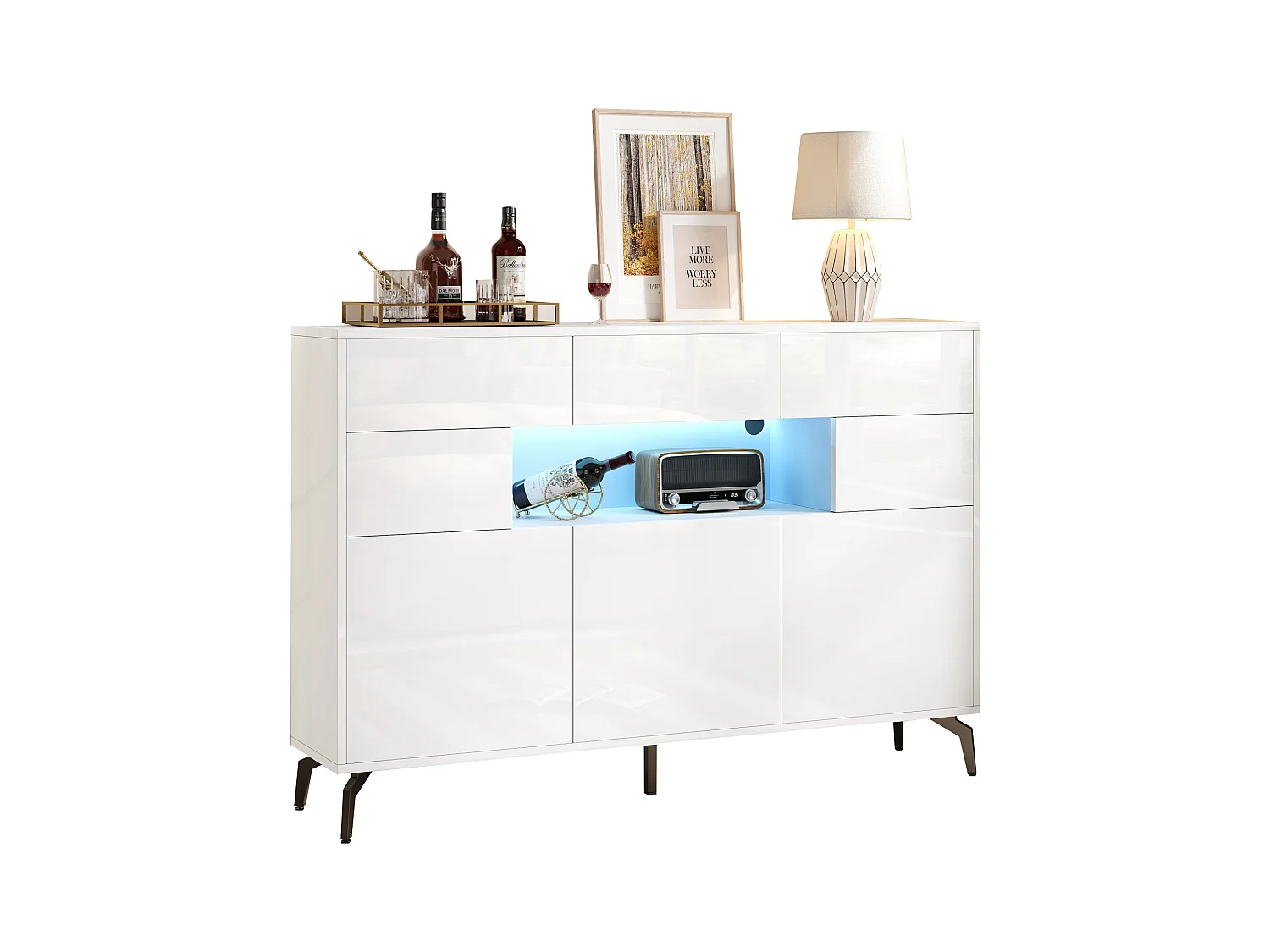 Glanzende woonkamerkast - 140 x 30 x 94 cm - met 3 laden + 5 deuren + LED's - MDF - wit