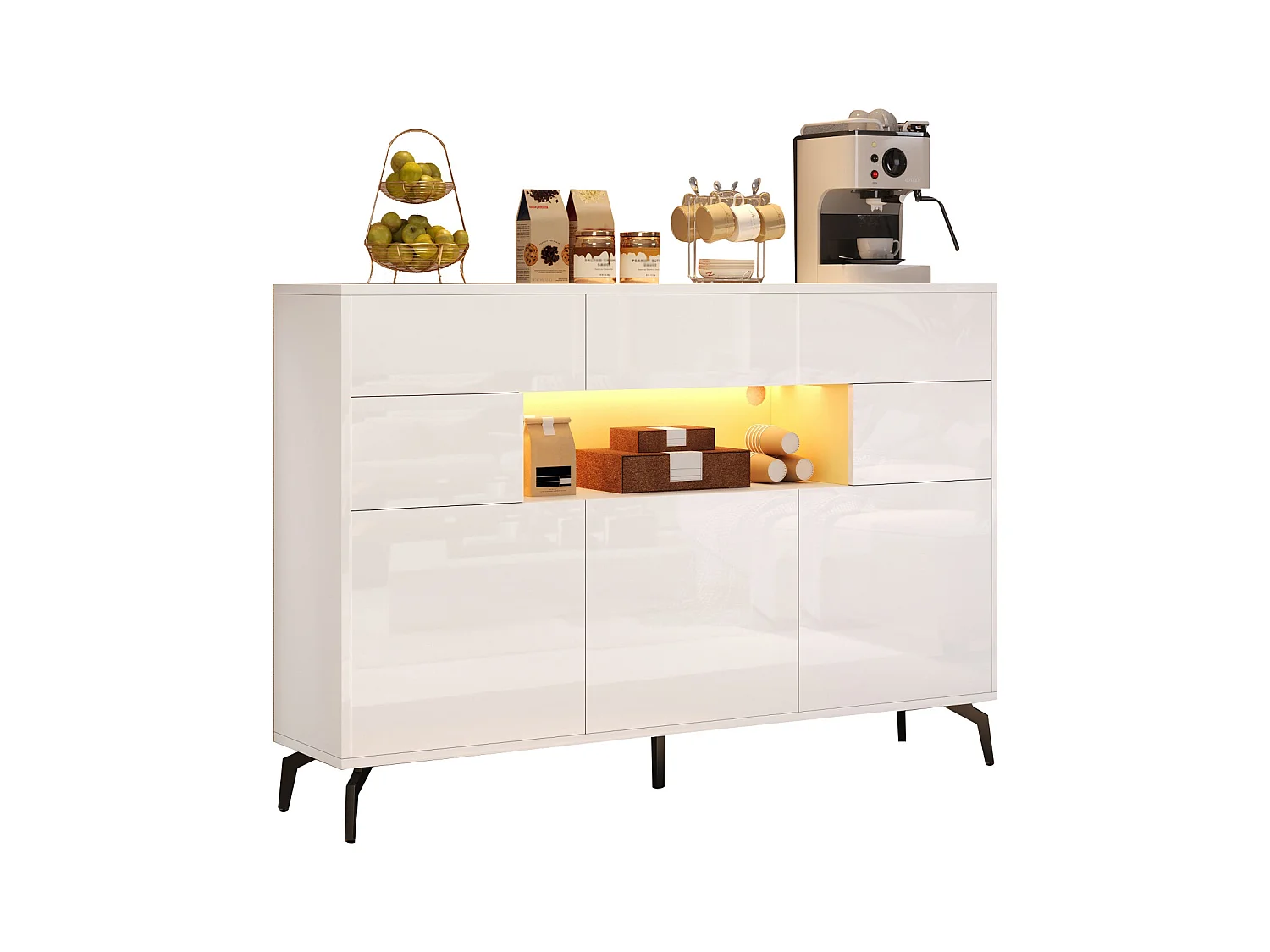 Glanzende woonkamerkast - 140 x 30 x 94 cm - met 3 laden + 5 deuren + LED's - MDF - wit