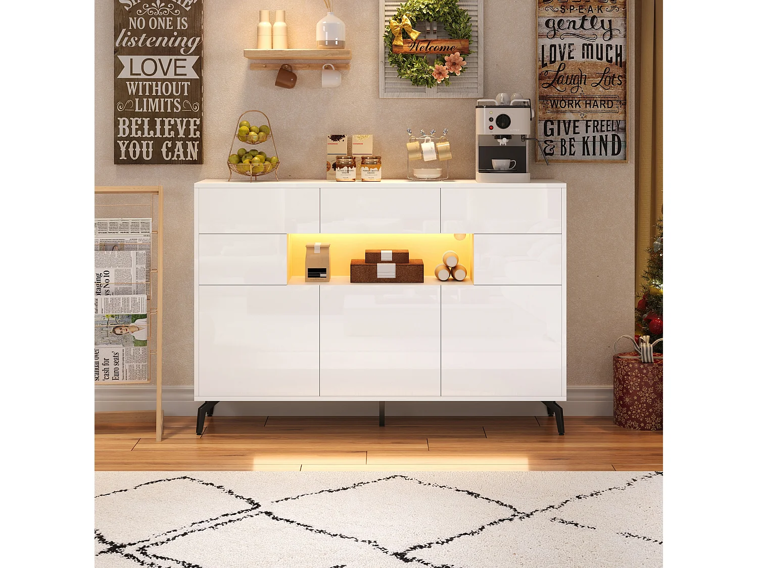 Buffet de salon brillante - 140 x 30 x 94 cm - avec 3 tiroirs + 5 portes + Leds - MDF - blanc