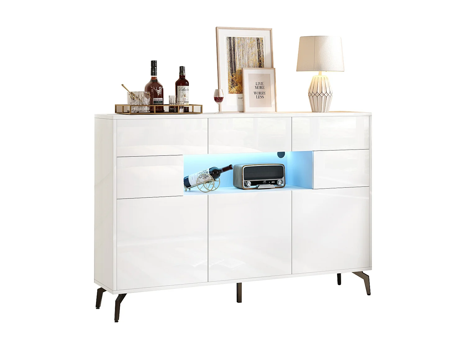 Buffet de salon brillante - 140 x 30 x 94 cm - avec 3 tiroirs + 5 portes + Leds - MDF - blanc