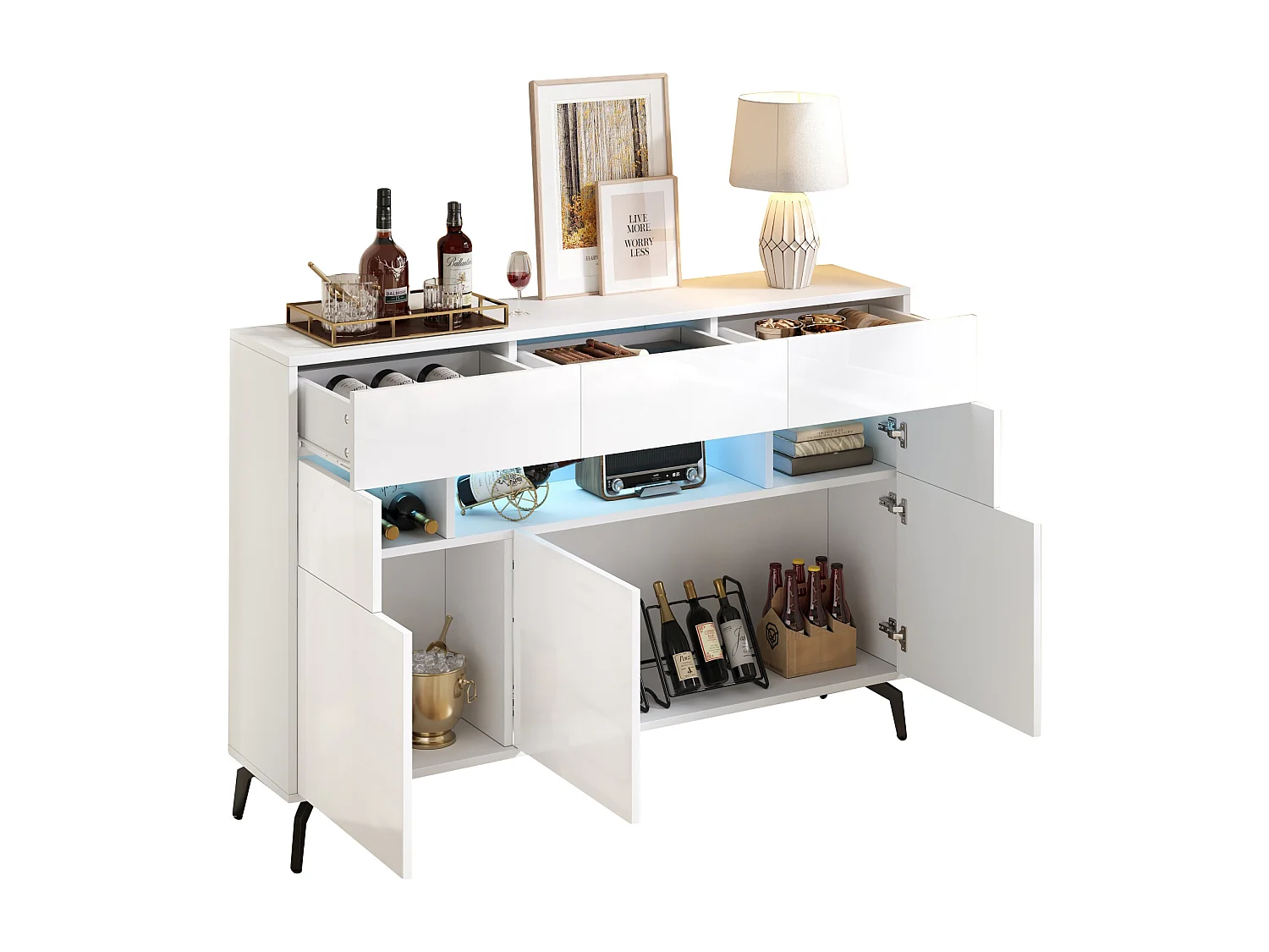 Buffet de salon brillante - 140 x 30 x 94 cm - avec 3 tiroirs + 5 portes + Leds - MDF - blanc