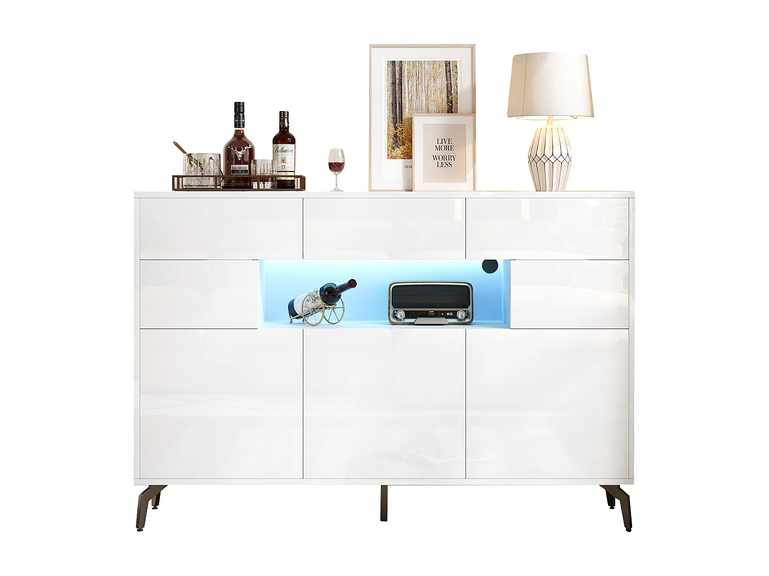 Buffet de salon brillante - 140 x 30 x 94 cm - avec 3 tiroirs + 5 portes + Leds - MDF - blanc