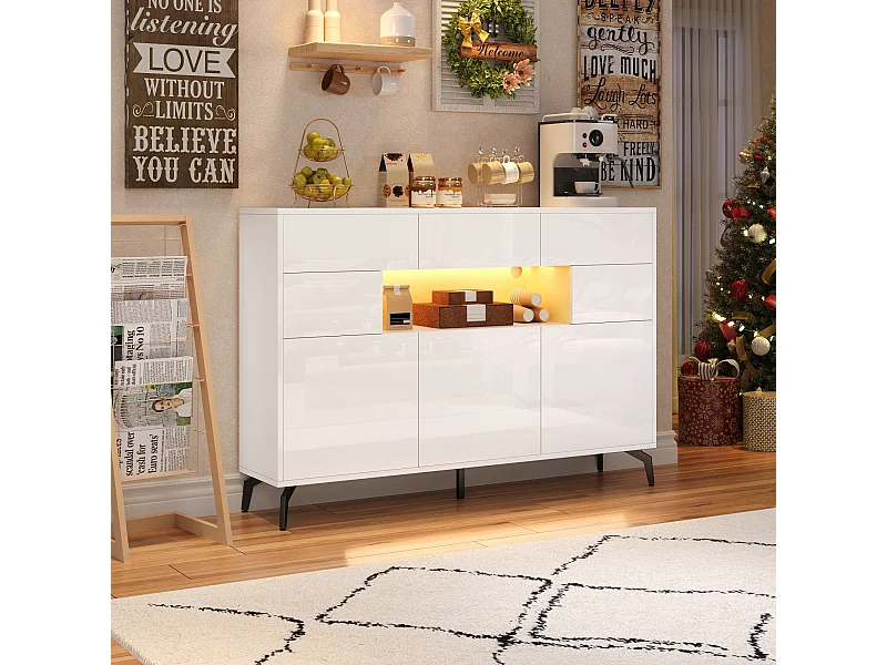 Buffet de salon brillante - 140 x 30 x 94 cm - avec 3 tiroirs + 5 portes + Leds - MDF - blanc