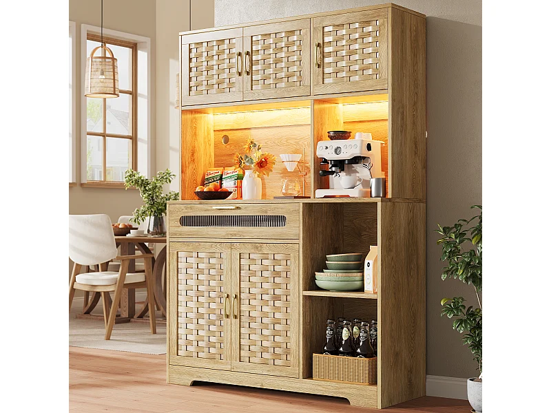 Buffet de cuisine hauts pour le salon - 120 x 40 x 180 cm - avec 1 tiroir + 6 portes + Leds - Verre + MDF + métal - naturel