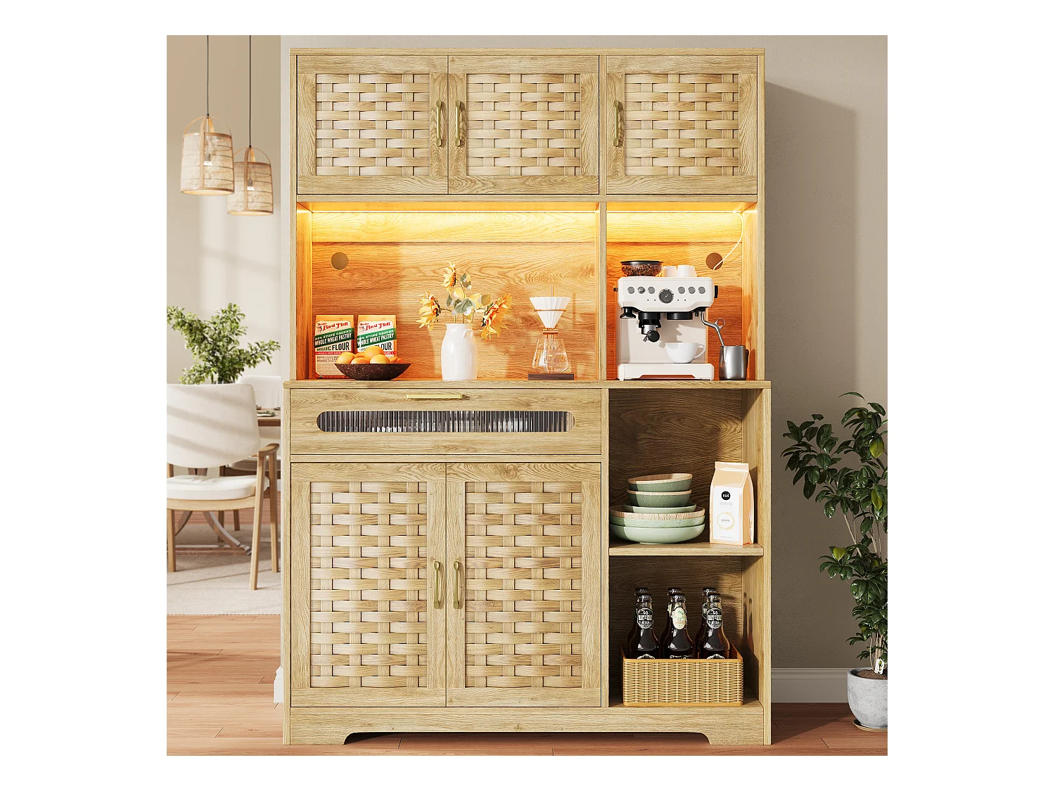 Aparador alto de cozinha para sala de estar - 120 x 40 x 180 cm - com 1 gaveta + 6 portas + LEDs - Vidro + MDF + metal - natural