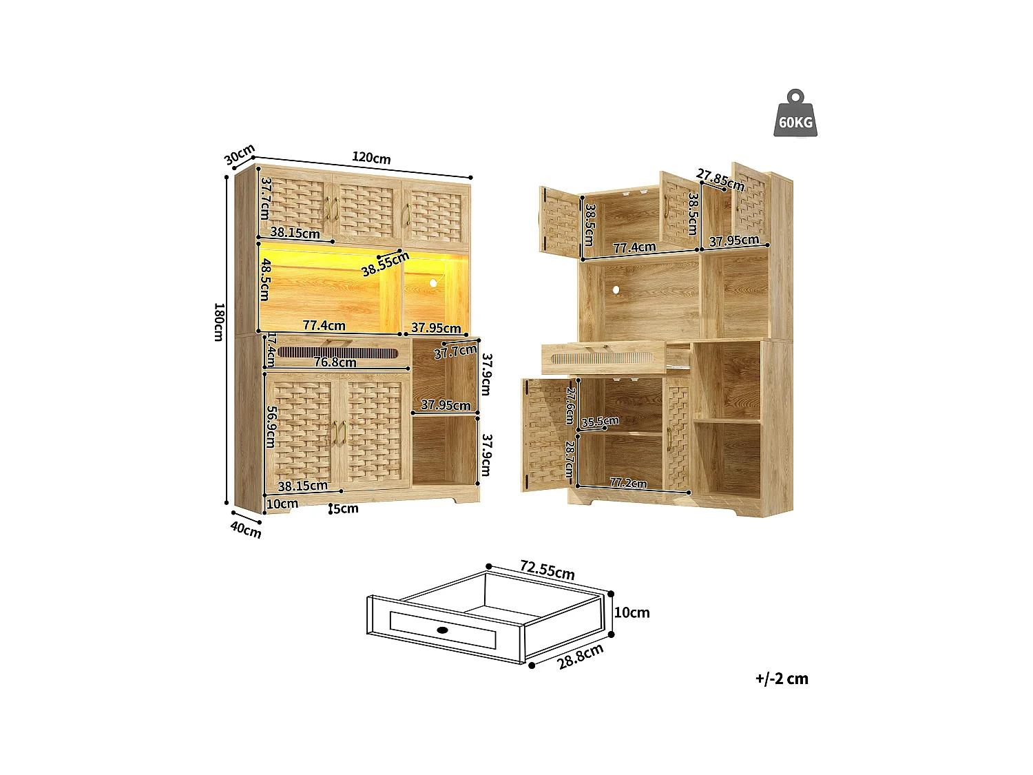 Aparador alto de cozinha para sala de estar - 120 x 40 x 180 cm - com 1 gaveta + 6 portas + LEDs - Vidro + MDF + metal - natural