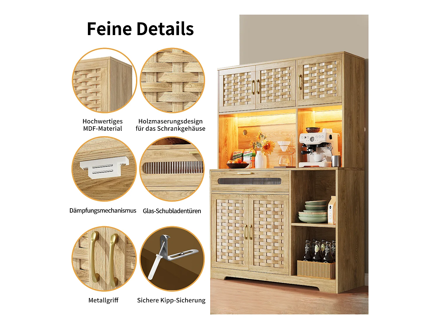 Aparador alto de cozinha para sala de estar - 120 x 40 x 180 cm - com 1 gaveta + 6 portas + LEDs - Vidro + MDF + metal - natural