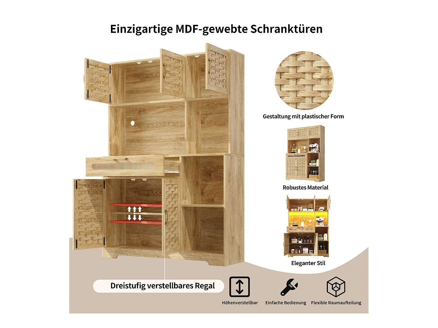 Aparador alto de cozinha para sala de estar - 120 x 40 x 180 cm - com 1 gaveta + 6 portas + LEDs - Vidro + MDF + metal - natural