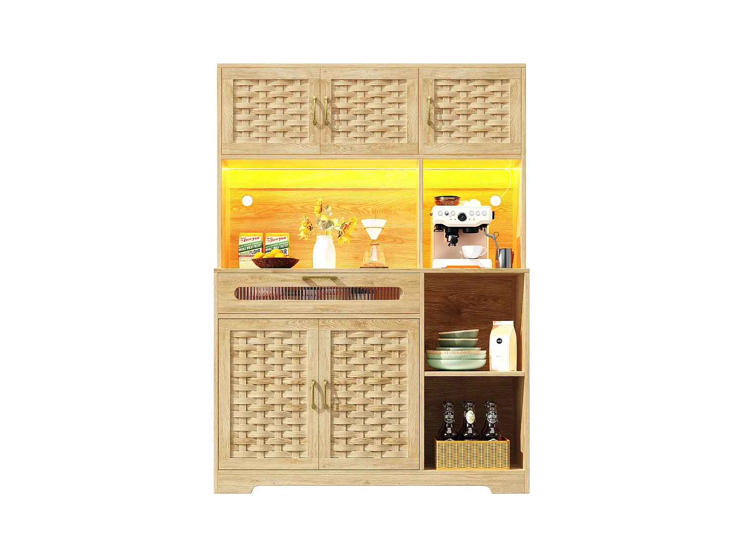 Aparador alto de cozinha para sala de estar - 120 x 40 x 180 cm - com 1 gaveta + 6 portas + LEDs - Vidro + MDF + metal - natural