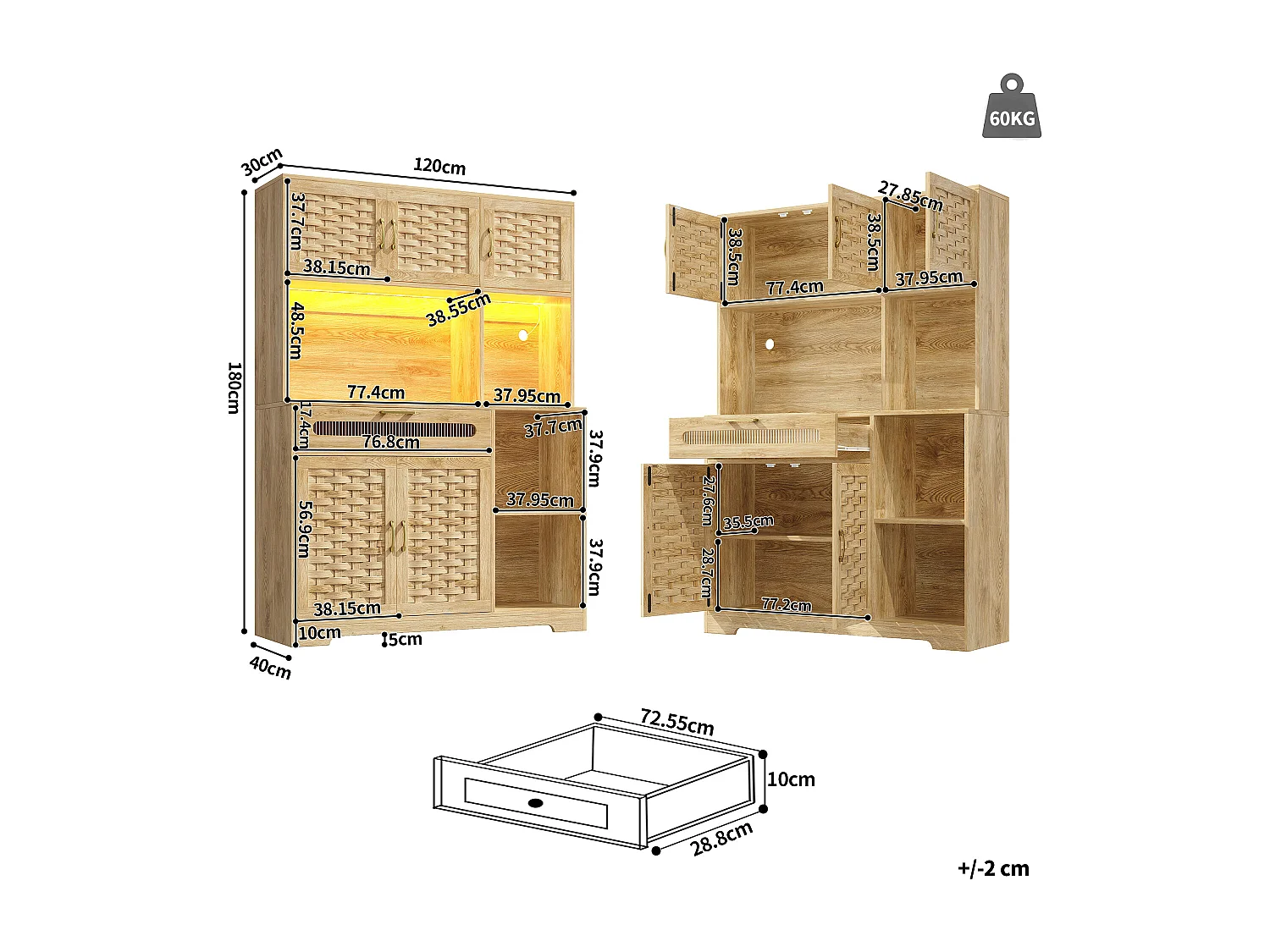 Credenza alta da cucina per soggiorno - 120 x 40 x 180 cm - con 1 cassetto + 6 ante + LED - Vetro + MDF + metallo - naturale