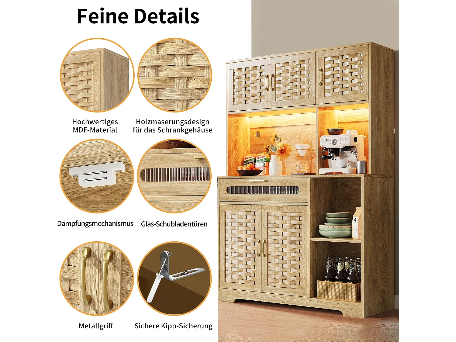 Credenza alta da cucina per soggiorno - 120 x 40 x 180 cm - con 1 cassetto + 6 ante + LED - Vetro + MDF + metallo - naturale