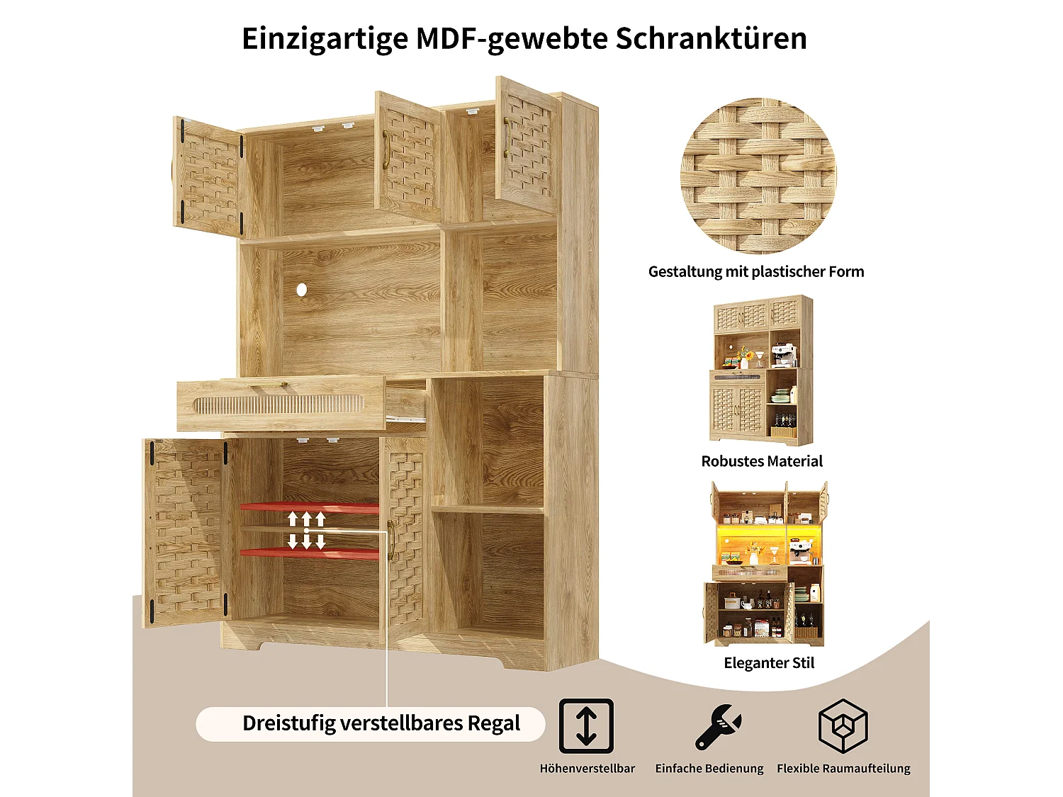 Credenza alta da cucina per soggiorno - 120 x 40 x 180 cm - con 1 cassetto + 6 ante + LED - Vetro + MDF + metallo - naturale