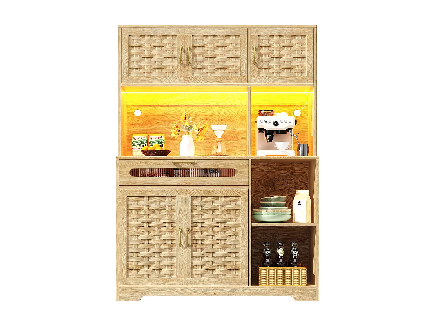 Credenza alta da cucina per soggiorno - 120 x 40 x 180 cm - con 1 cassetto + 6 ante + LED - Vetro + MDF + metallo - naturale