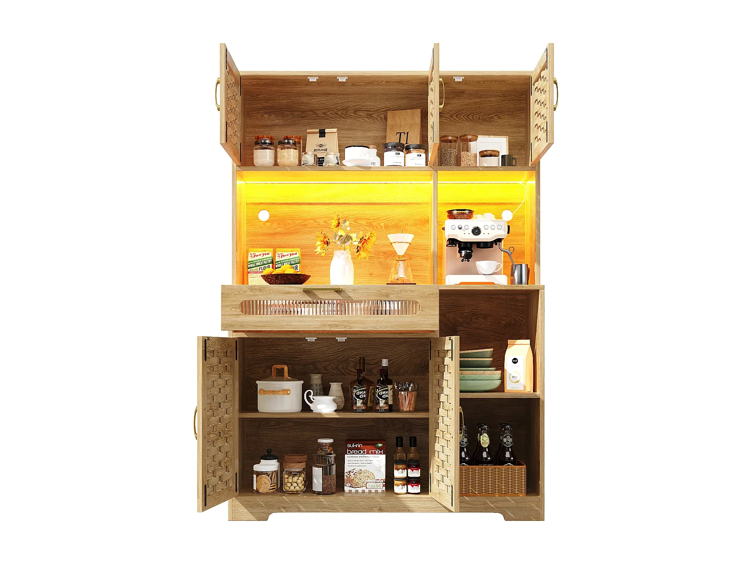 Credenza alta da cucina per soggiorno - 120 x 40 x 180 cm - con 1 cassetto + 6 ante + LED - Vetro + MDF + metallo - naturale