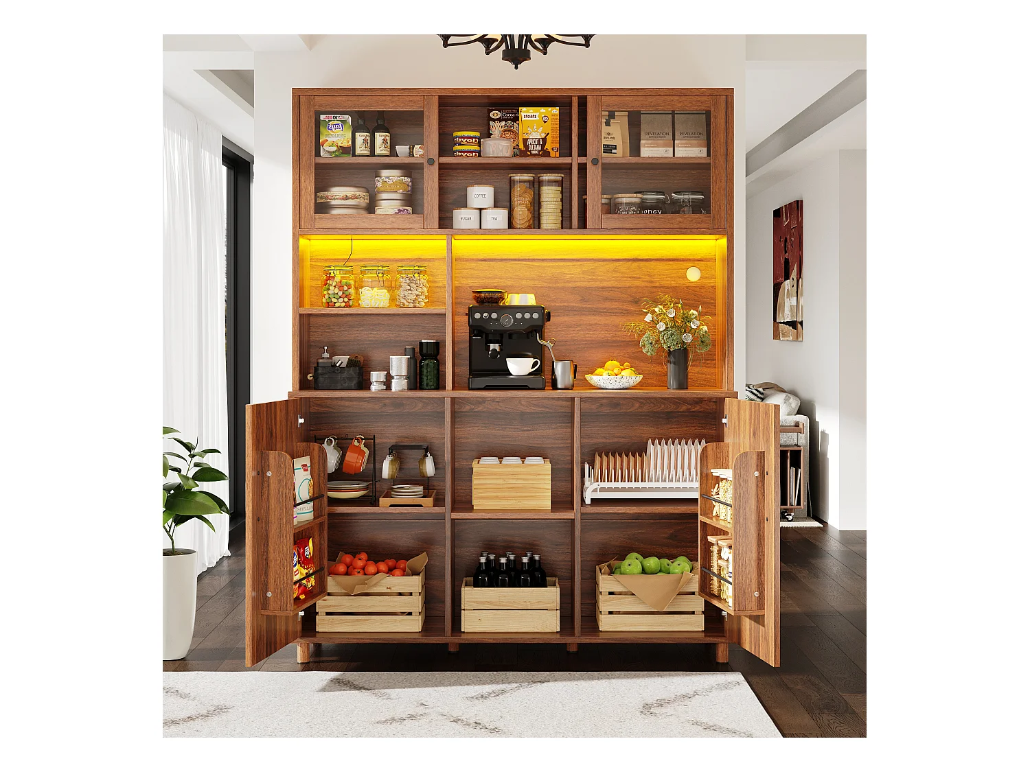 Aparador alto de cozinha para sala de estar - 120 x 40 x 185 cm - com 4 portas + LED - estilo retrô - MDF + vidro - natural