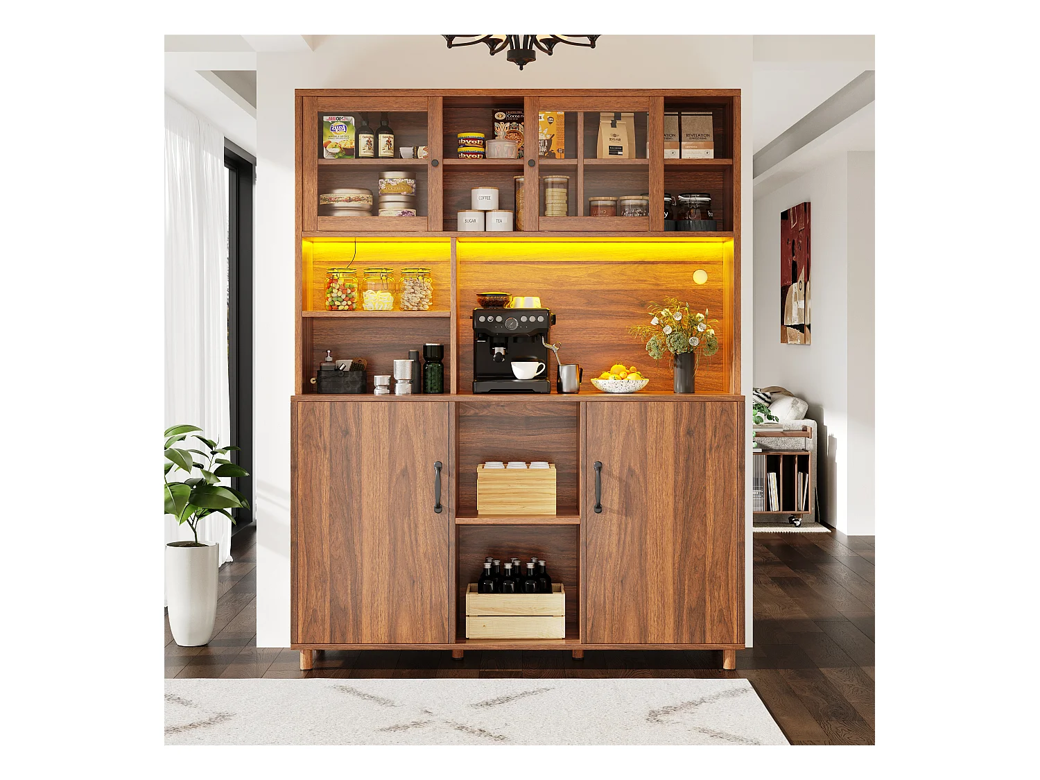 Aparador alto de cozinha para sala de estar - 120 x 40 x 185 cm - com 4 portas + LED - estilo retrô - MDF + vidro - natural