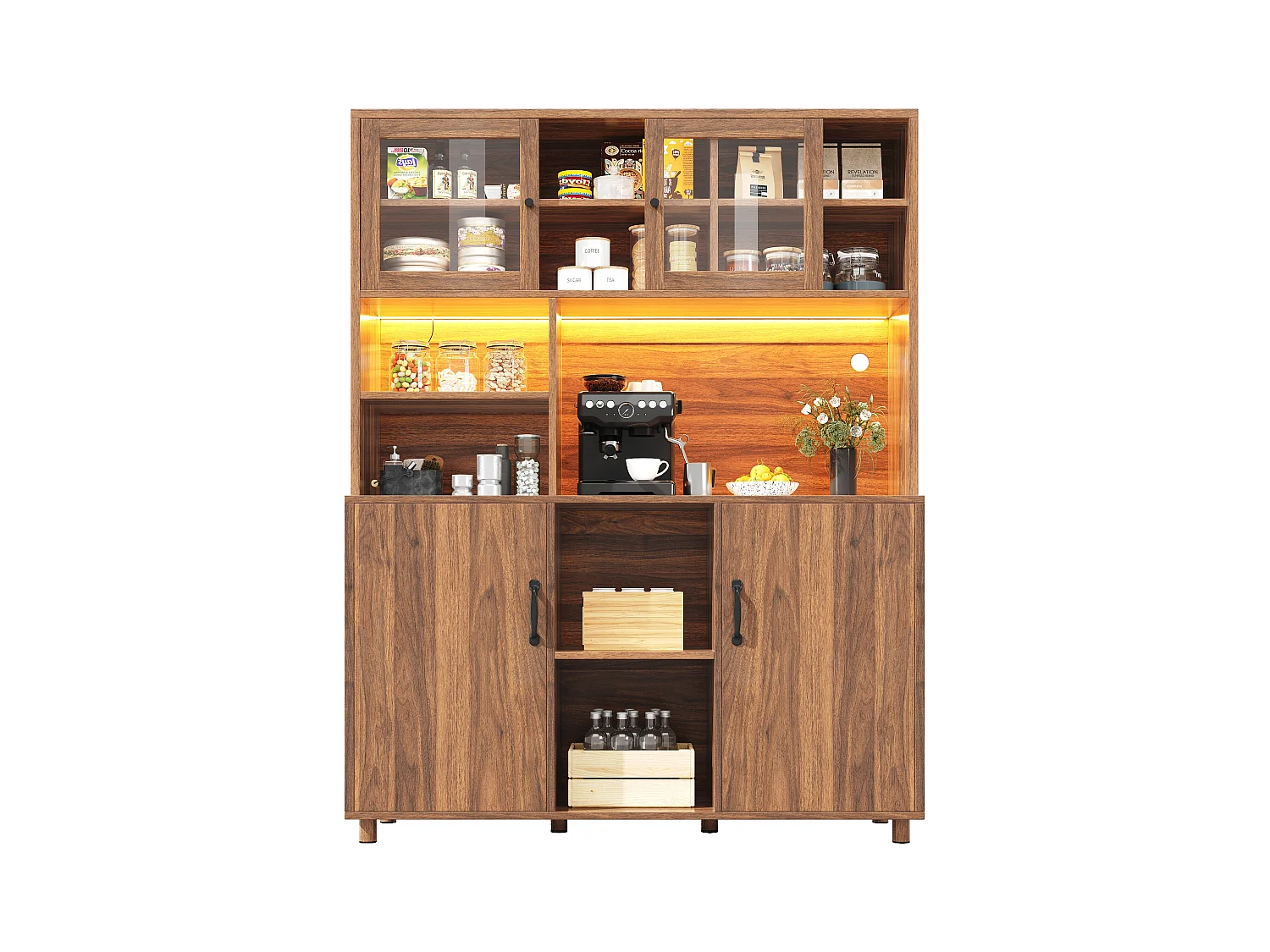 Aparador alto de cozinha para sala de estar - 120 x 40 x 185 cm - com 4 portas + LED - estilo retrô - MDF + vidro - natural