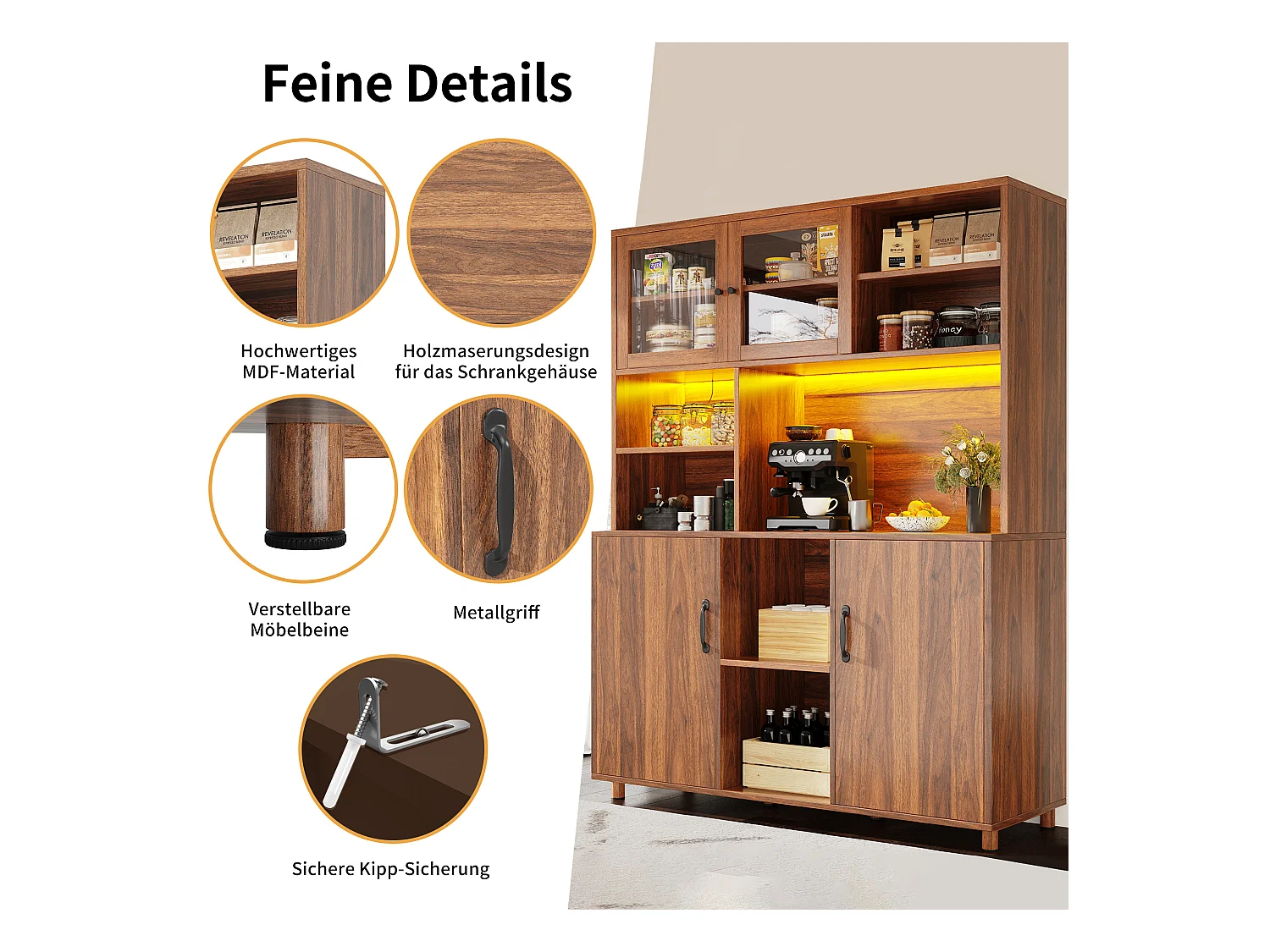 Aparador alto de cozinha para sala de estar - 120 x 40 x 185 cm - com 4 portas + LED - estilo retrô - MDF + vidro - natural