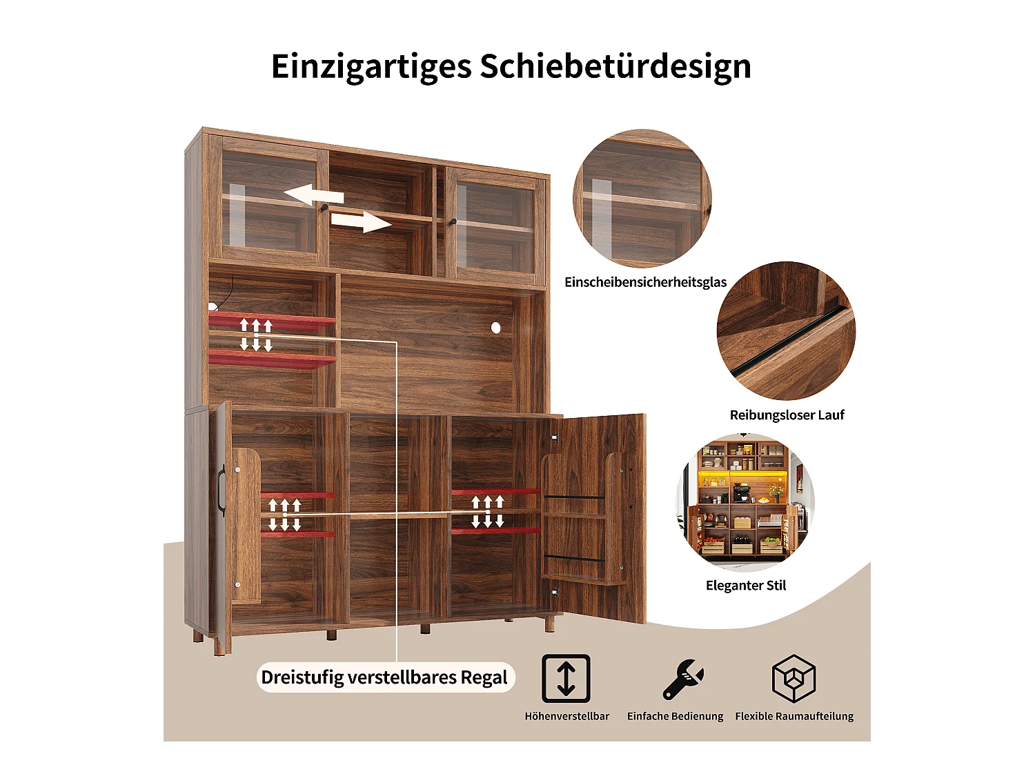 Aparador alto de cozinha para sala de estar - 120 x 40 x 185 cm - com 4 portas + LED - estilo retrô - MDF + vidro - natural
