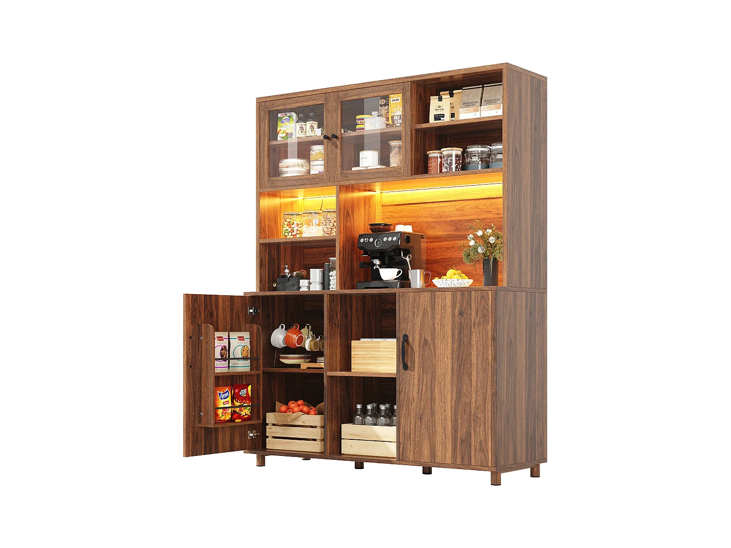 Aparador alto de cozinha para sala de estar - 120 x 40 x 185 cm - com 4 portas + LED - estilo retrô - MDF + vidro - natural